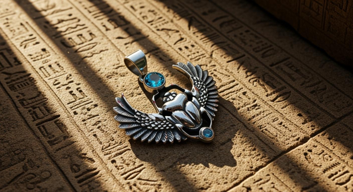 Side view of handmade Egyptian scarab necklace in silver
