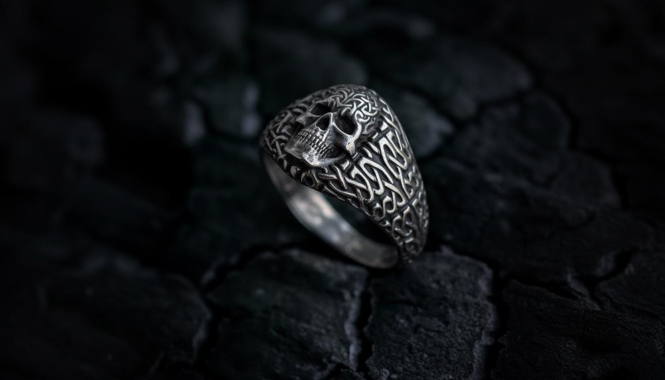 Side view of sterling silver Dagda skull ring