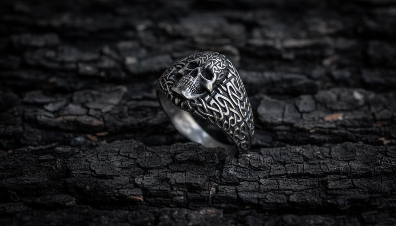 Handmade Celtic skull ring photographed from front angle