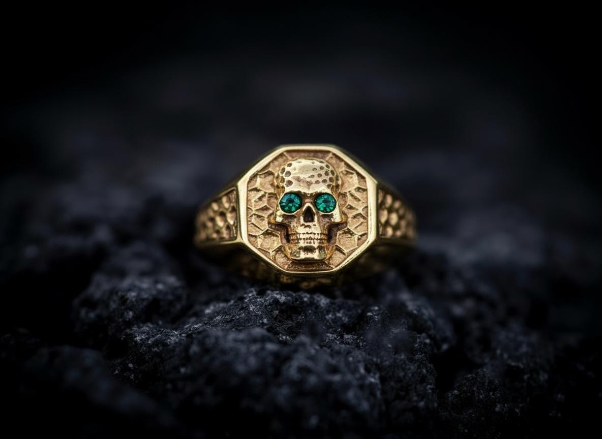 14K Gold Skull Signet Ring | Gold Skull Ring Men | Skull Ring Gold | Hexagon Signet Skull Ring | Mens Gold Ring