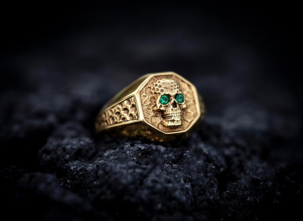 14K Gold Skull Signet Ring | Gold Skull Ring Men | Skull Ring Gold | Hexagon Signet Skull Ring | Mens Gold Ring