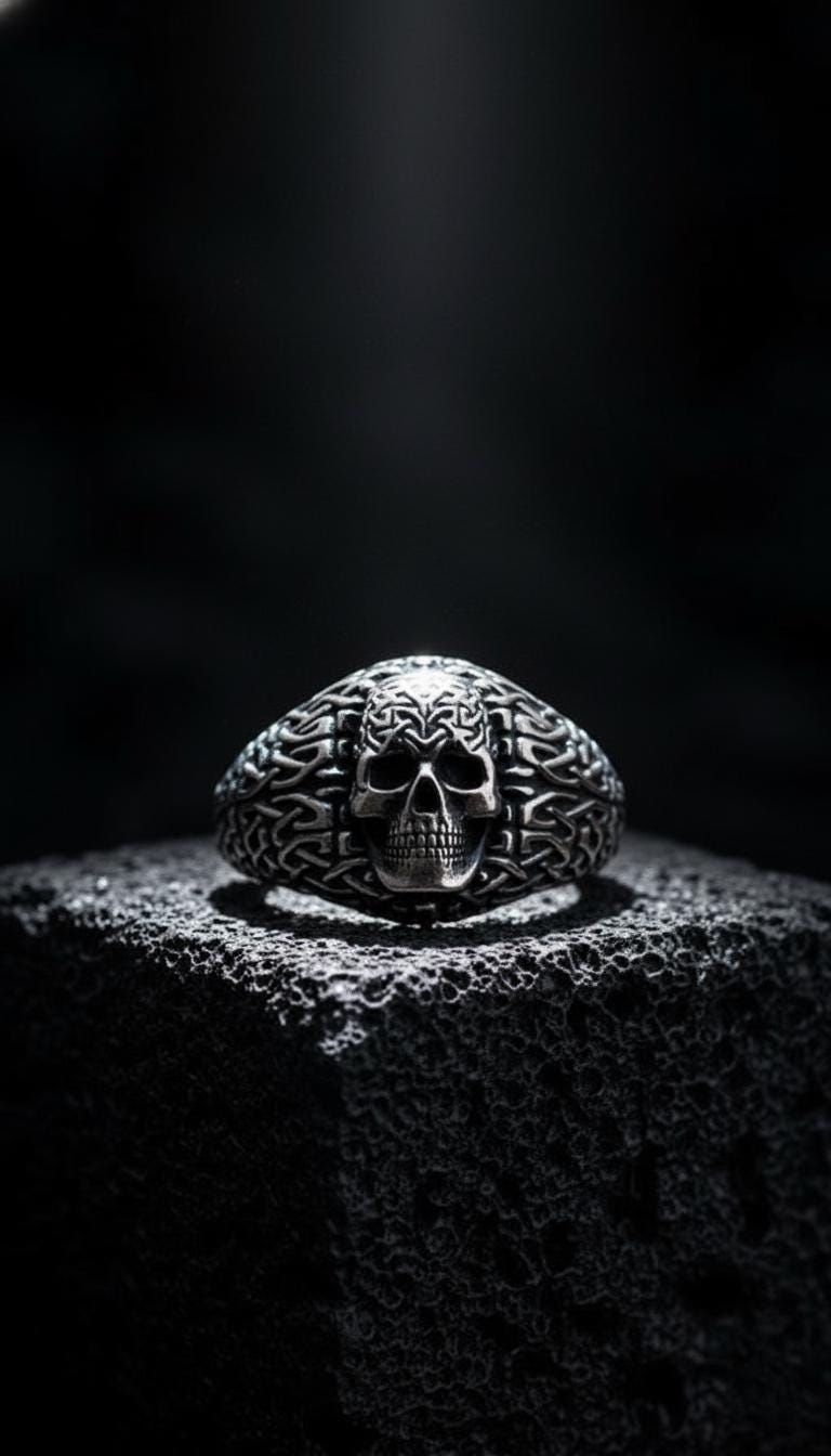 Silver skull signet ring with Nordic-inspired texture on hand