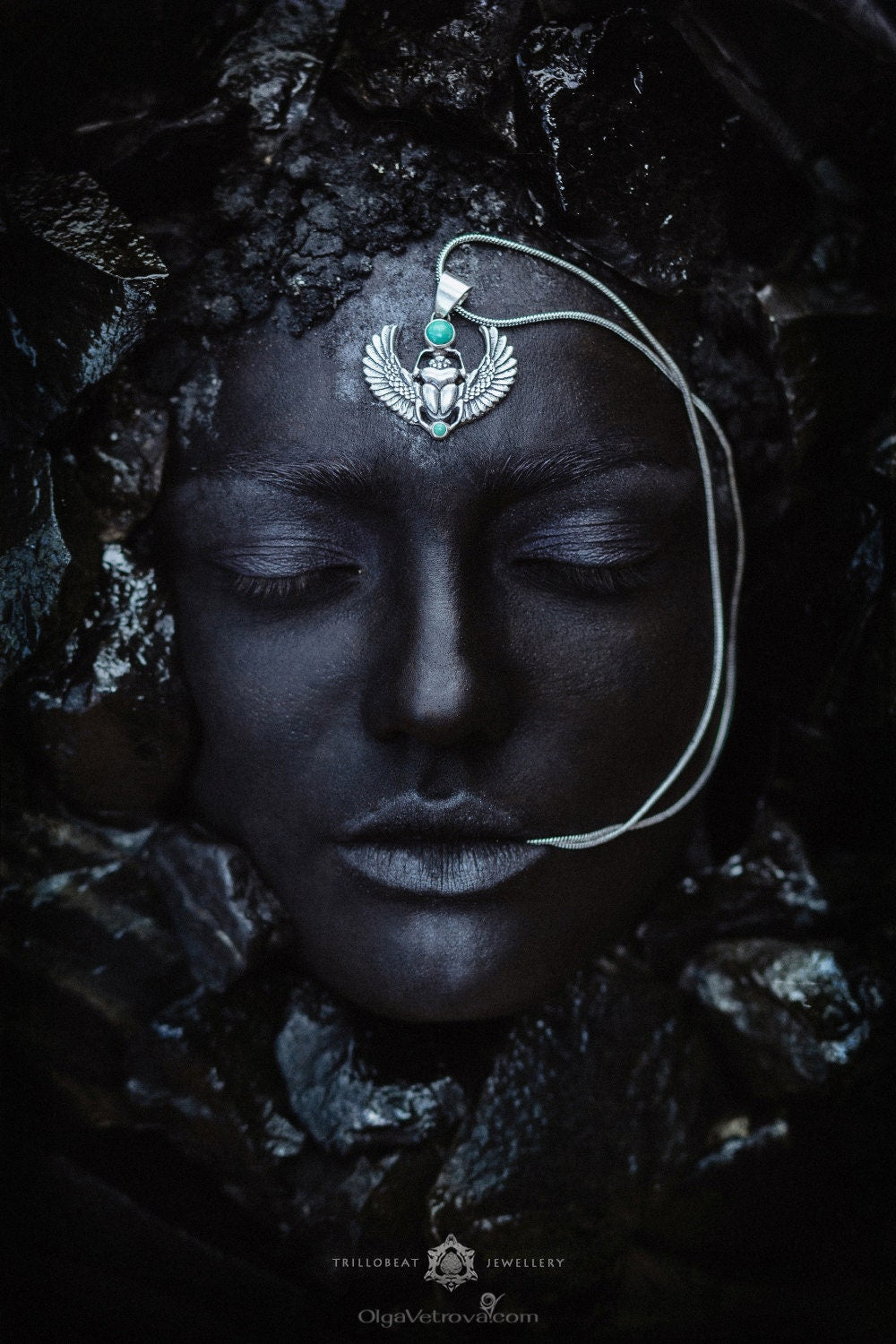 Vertical view of sterling silver scarab amulet necklace