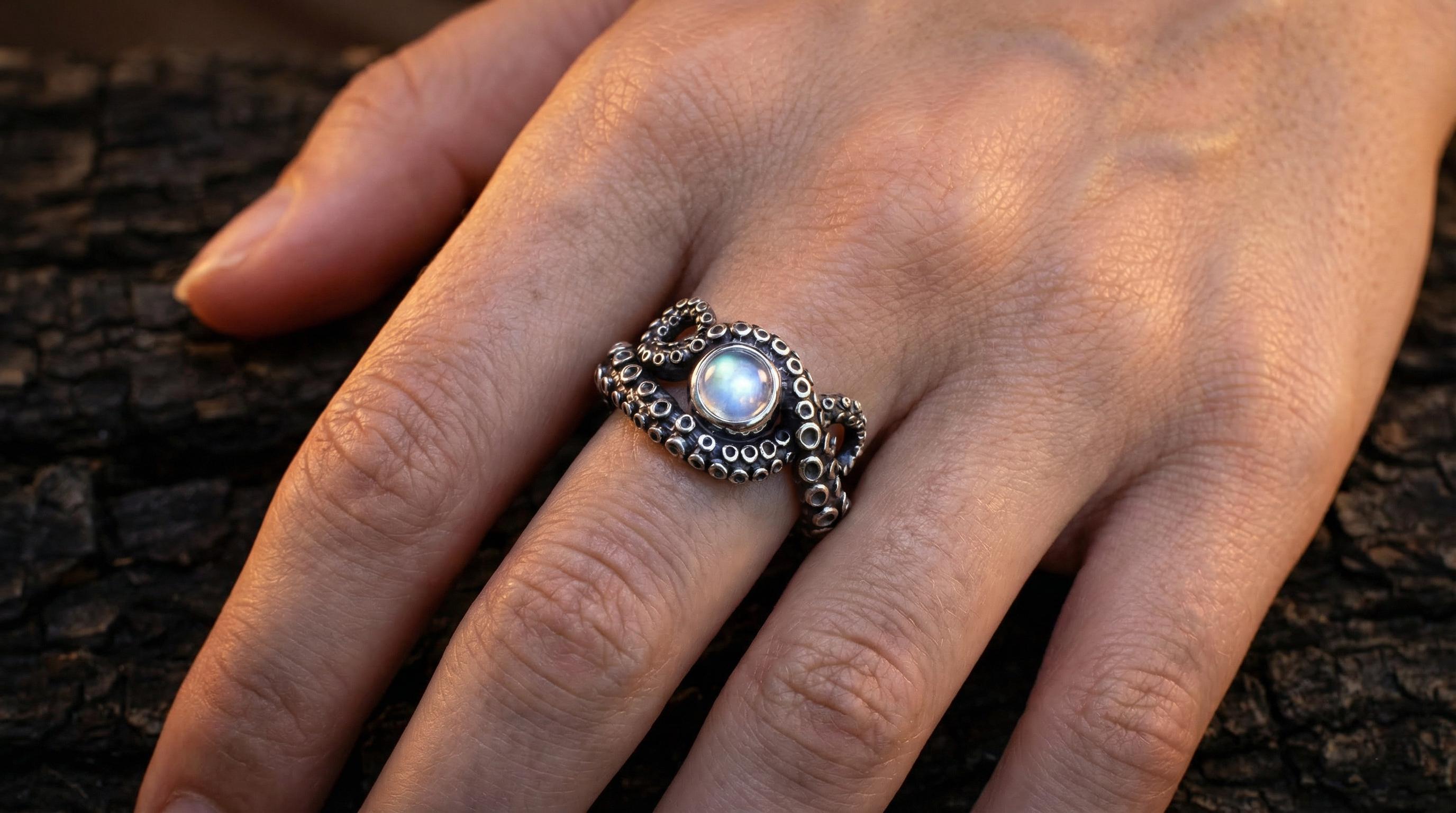 Rainbow Moonstone Octopus Ring