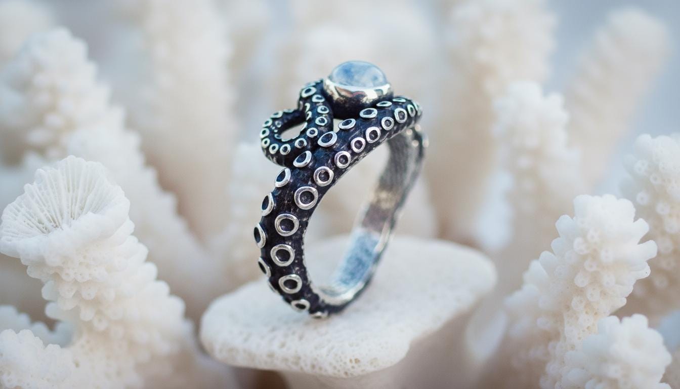 Rainbow Moonstone Octopus Ring
