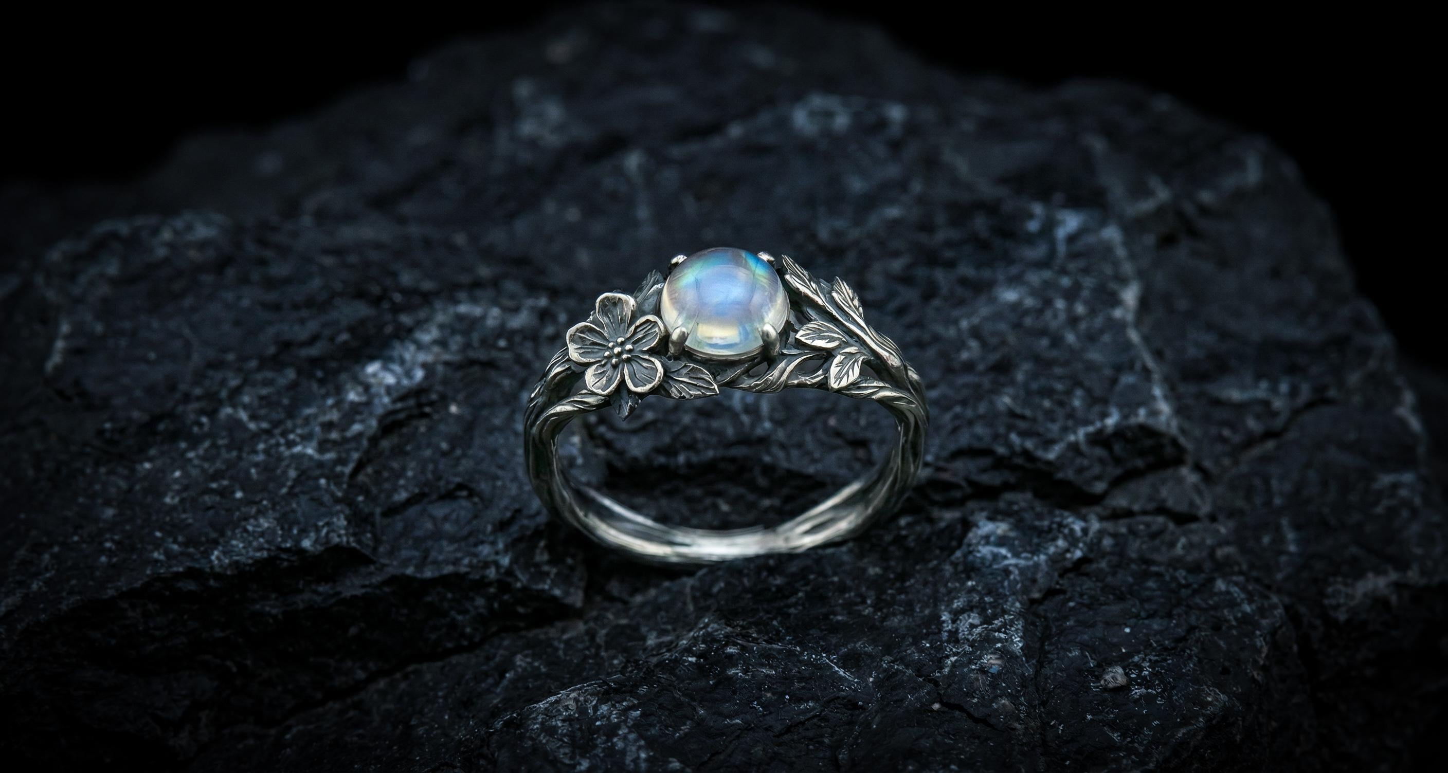 Rainbow Moonstone Engagement Ring 'Flora' | Sterling Silver Twig & Flower Design | Nature Inspired Jewelry