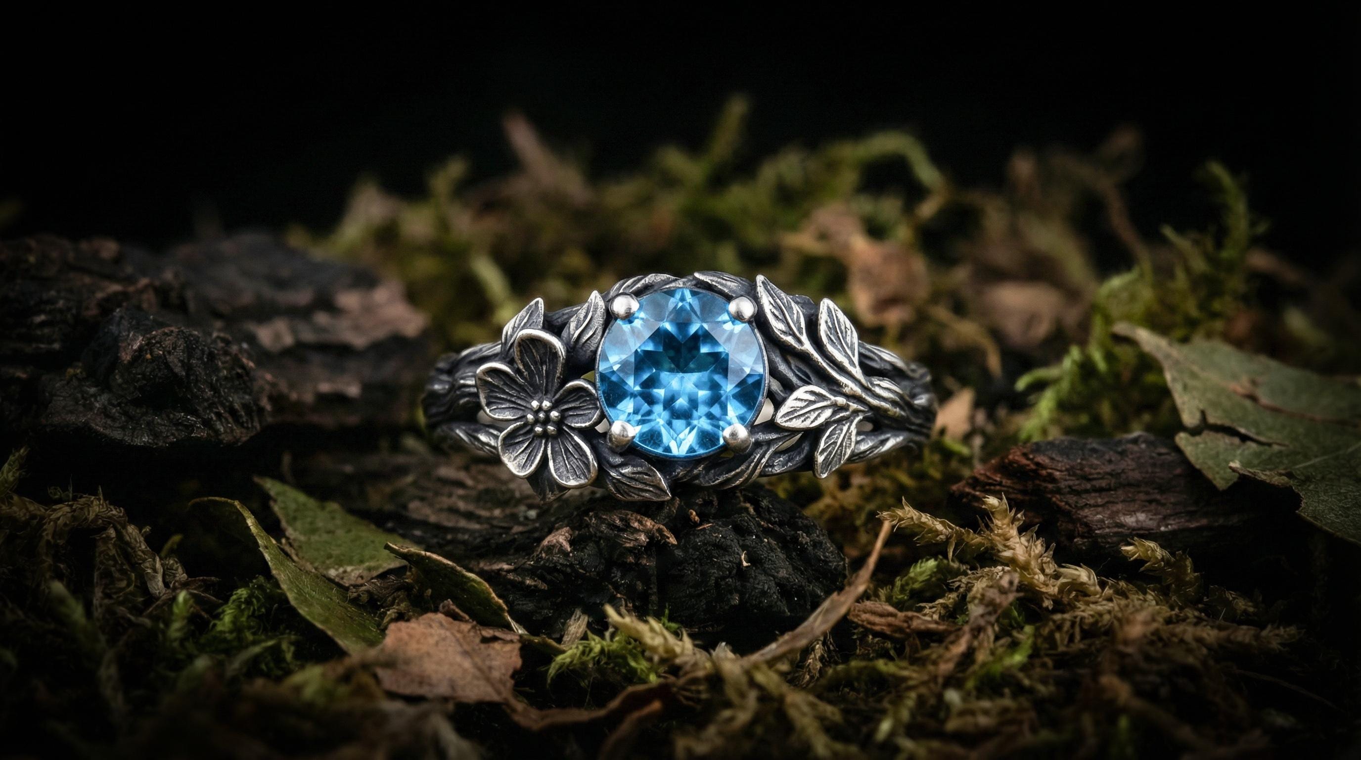 Rainbow Moonstone Engagement Ring 'Flora' | Sterling Silver Twig & Flower Design | Nature Inspired Jewelry