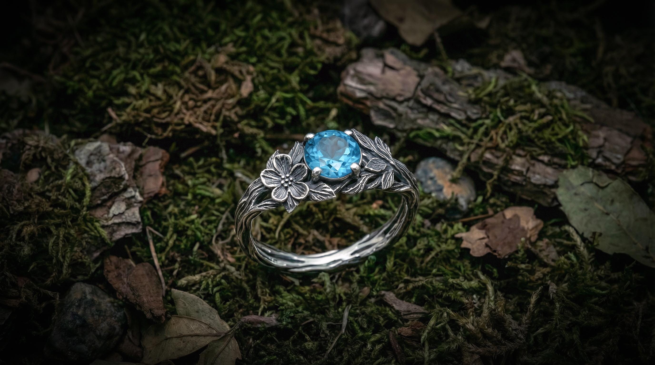 Silver Engagement Ring 'Flora' | Nature Inspired Jewelry | Twig ring with Flower and Gemstone | Forest Jewelry | Gift for Her