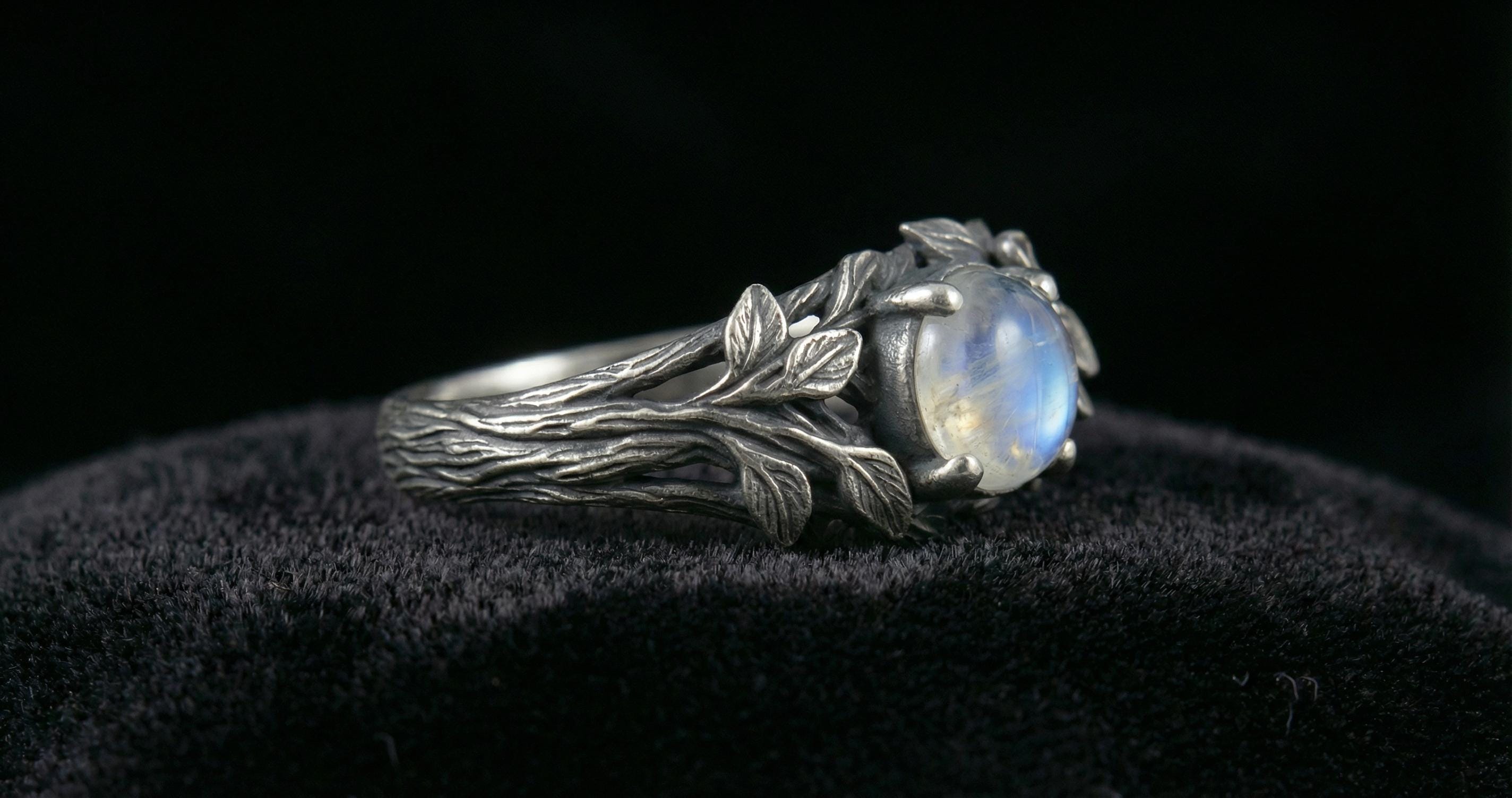 Rainbow Moonstone Engagement Ring 'Flora' | Sterling Silver Twig & Flower Design | Nature Inspired Jewelry