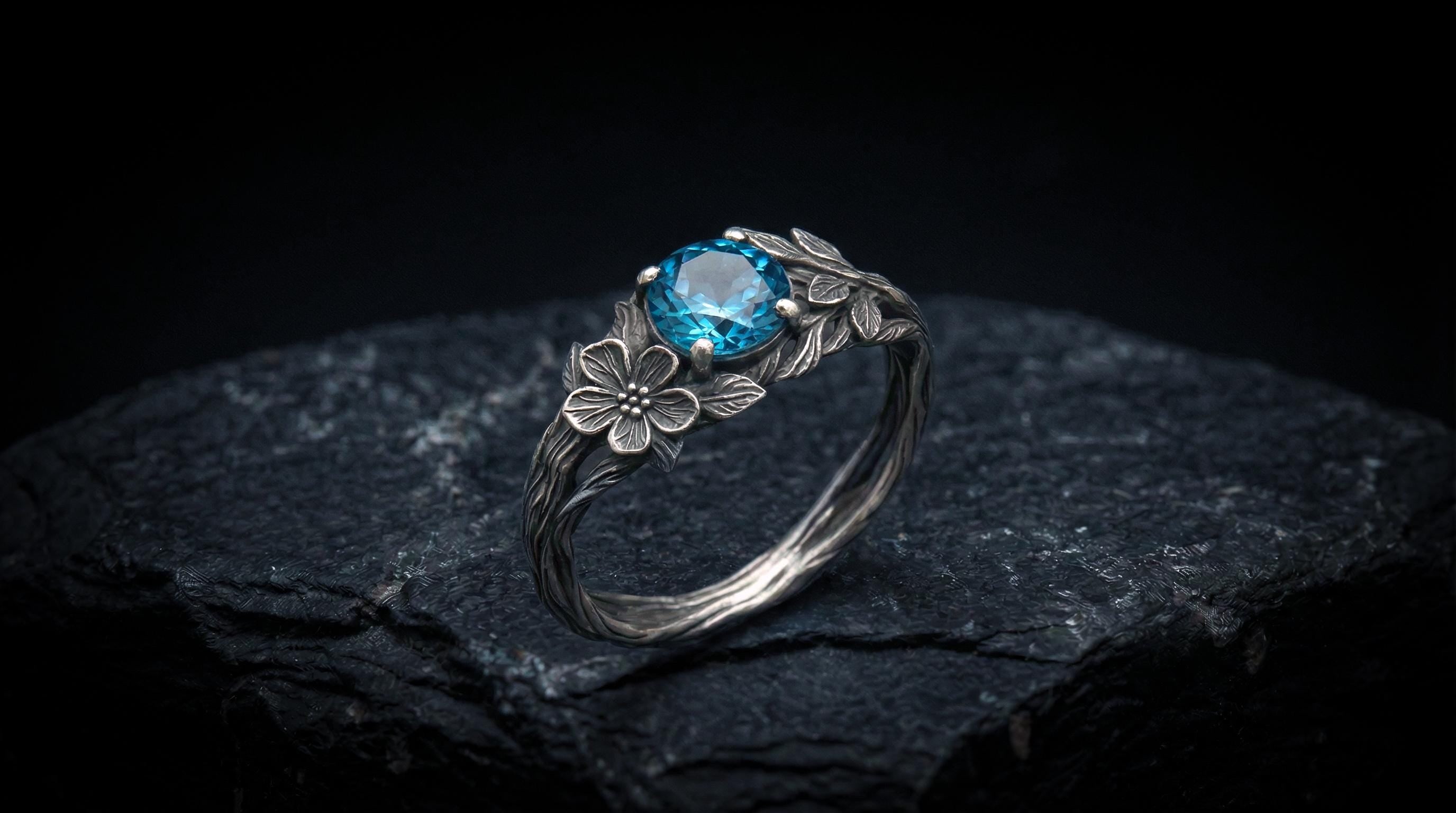 Silver Engagement Ring 'Flora' | Nature Inspired Jewelry | Twig ring with Flower and Gemstone | Forest Jewelry | Gift for Her