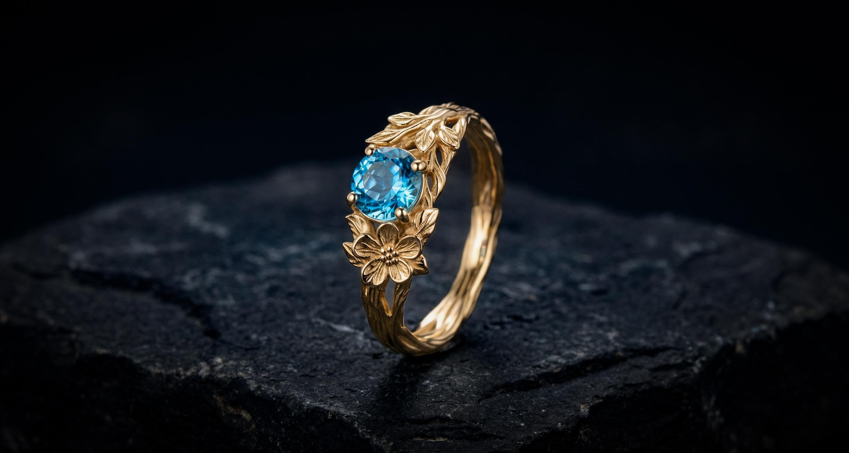 Nature Inspired Gold Engagement Ring | Blue Topaz Flower Ring | Gift for Her | Leaf and Vine Ring | Unique Floral Jewelry