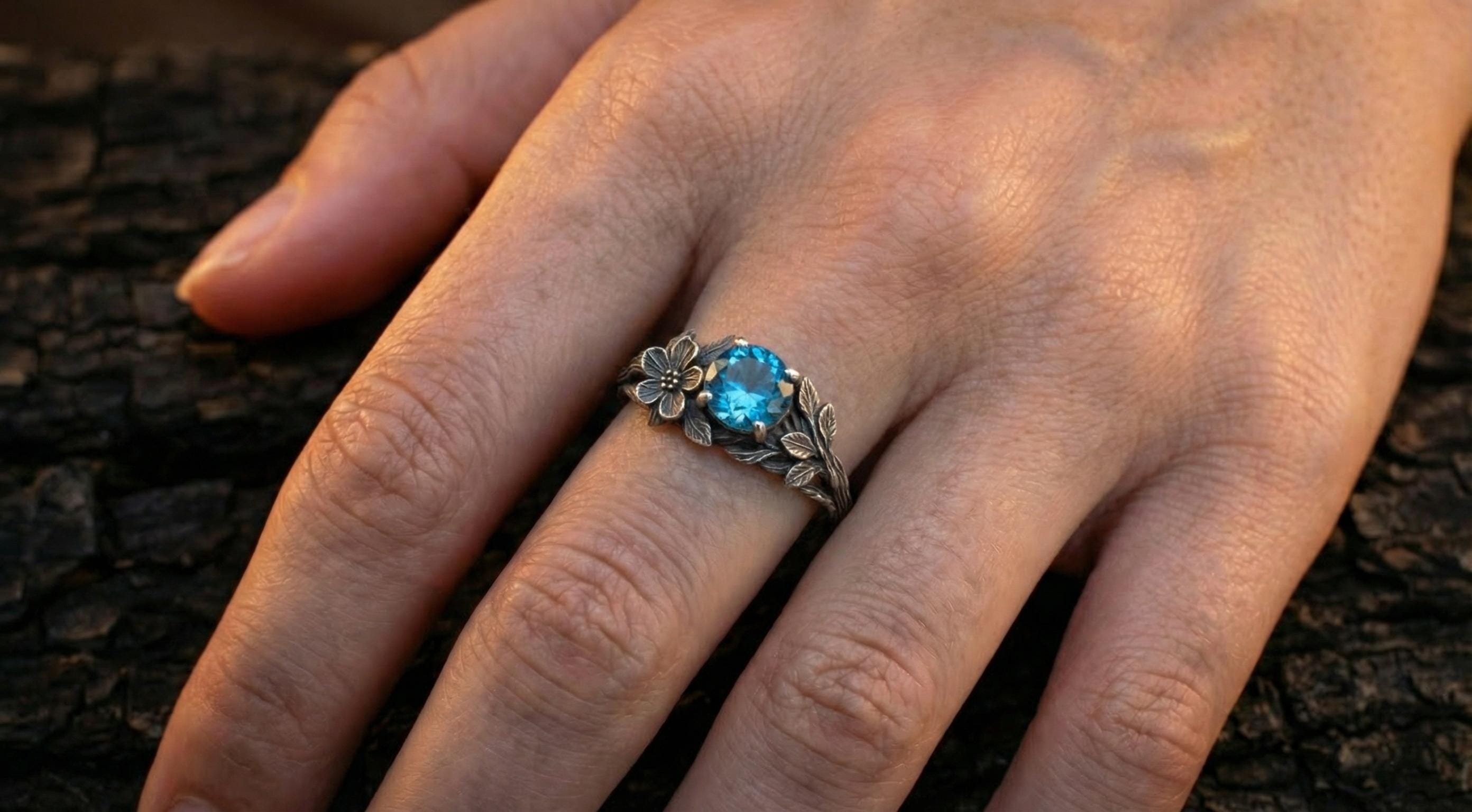 Rainbow Moonstone Engagement Ring 'Flora' | Sterling Silver Twig & Flower Design | Nature Inspired Jewelry