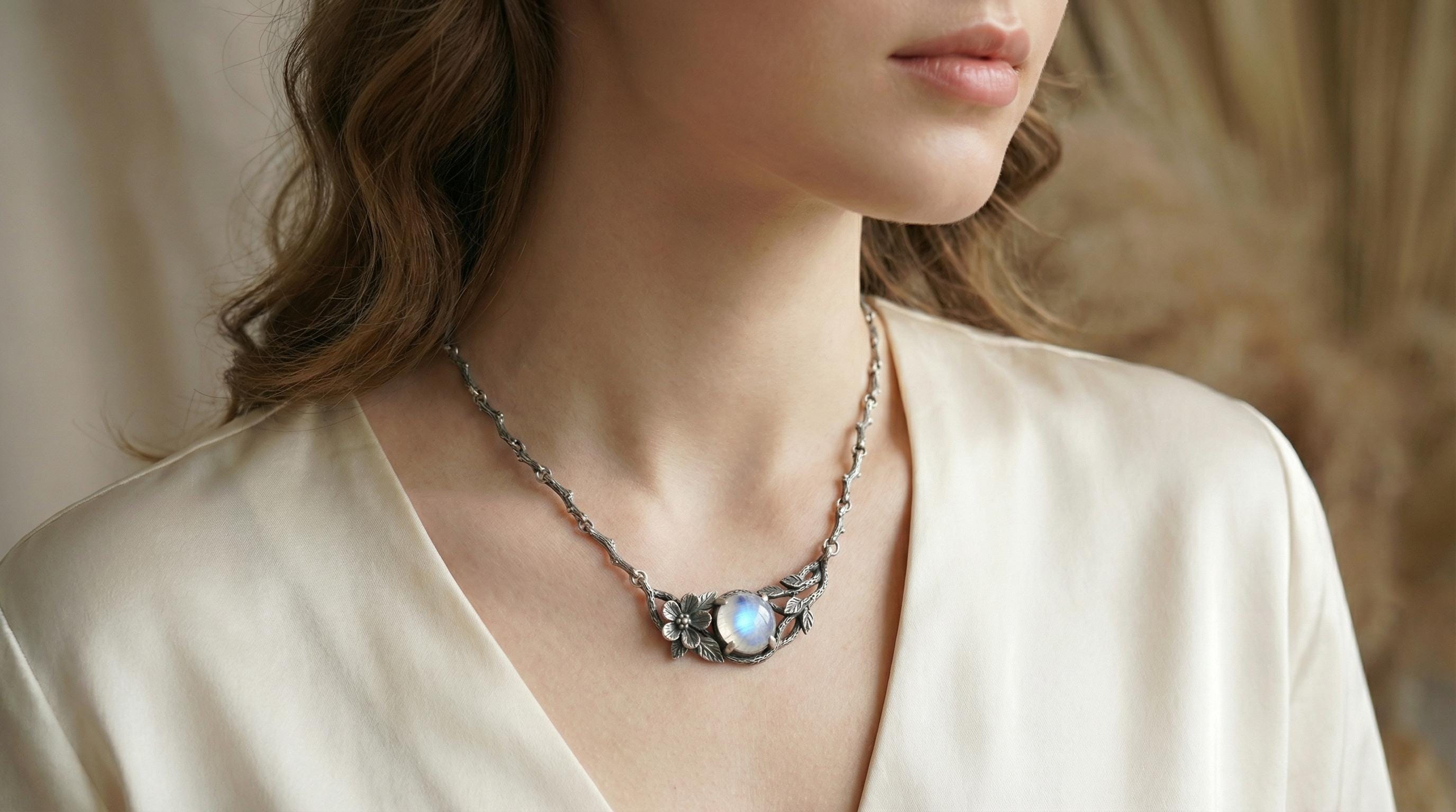 Sterling silver branch necklace with rainbow moonstone gemstone