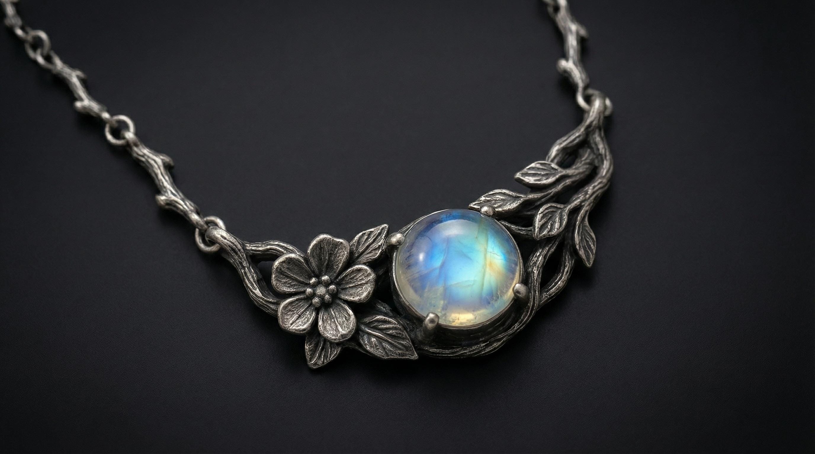 Silver twig necklace displayed as nature-inspired jewelry