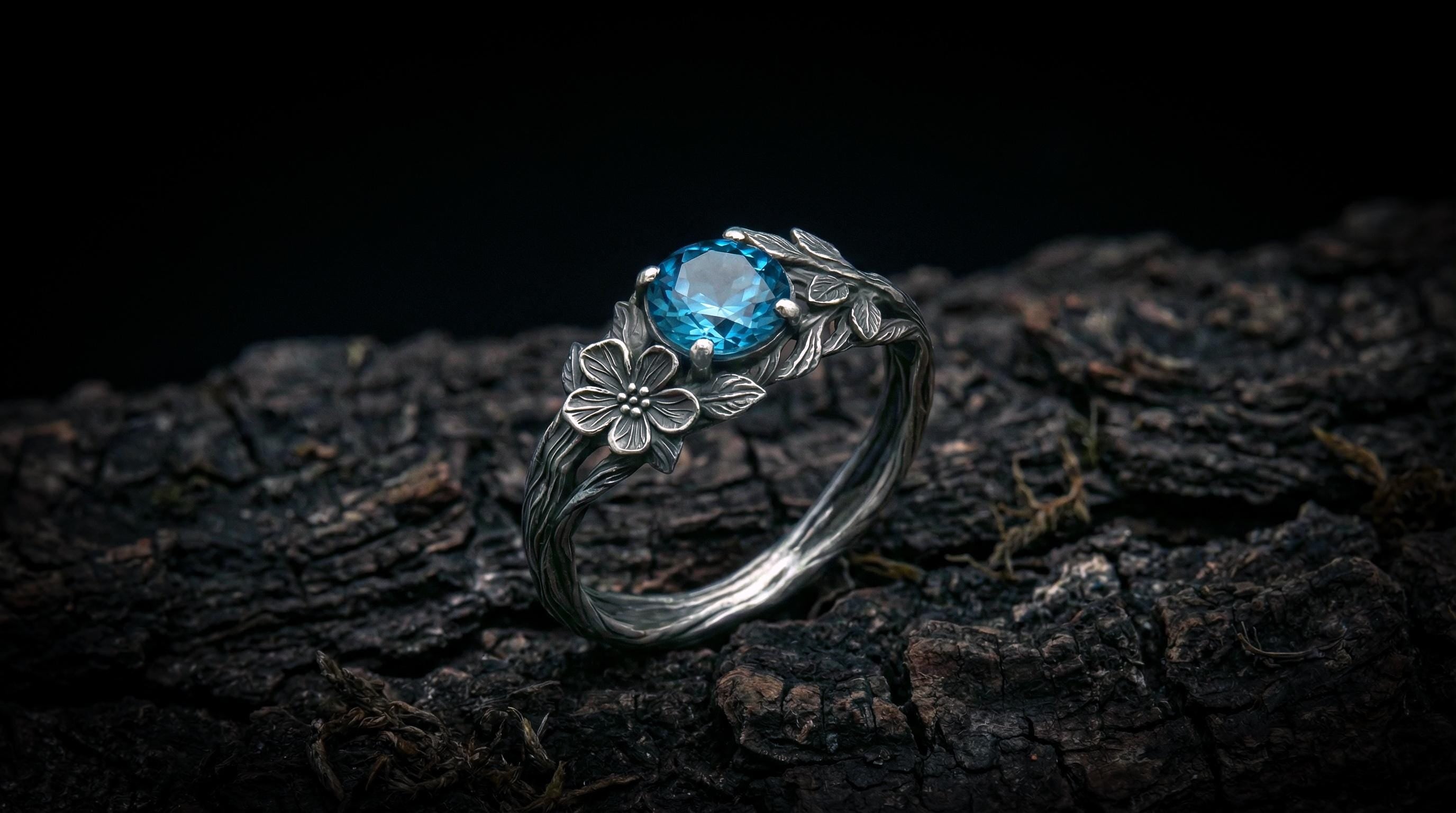 Rainbow Moonstone Engagement Ring 'Flora' | Sterling Silver Twig & Flower Design | Nature Inspired Jewelry