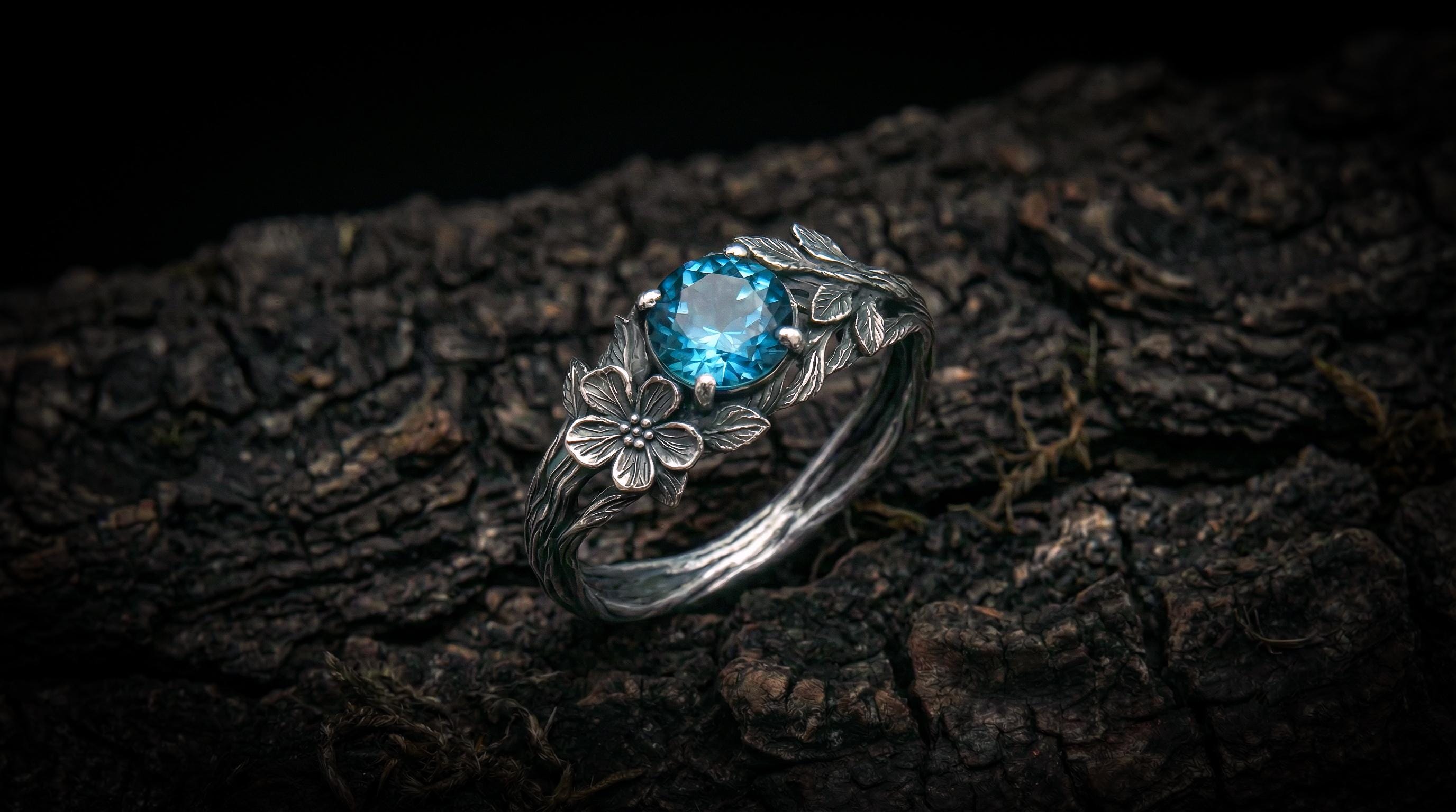 Rainbow Moonstone Engagement Ring 'Flora' | Sterling Silver Twig & Flower Design | Nature Inspired Jewelry