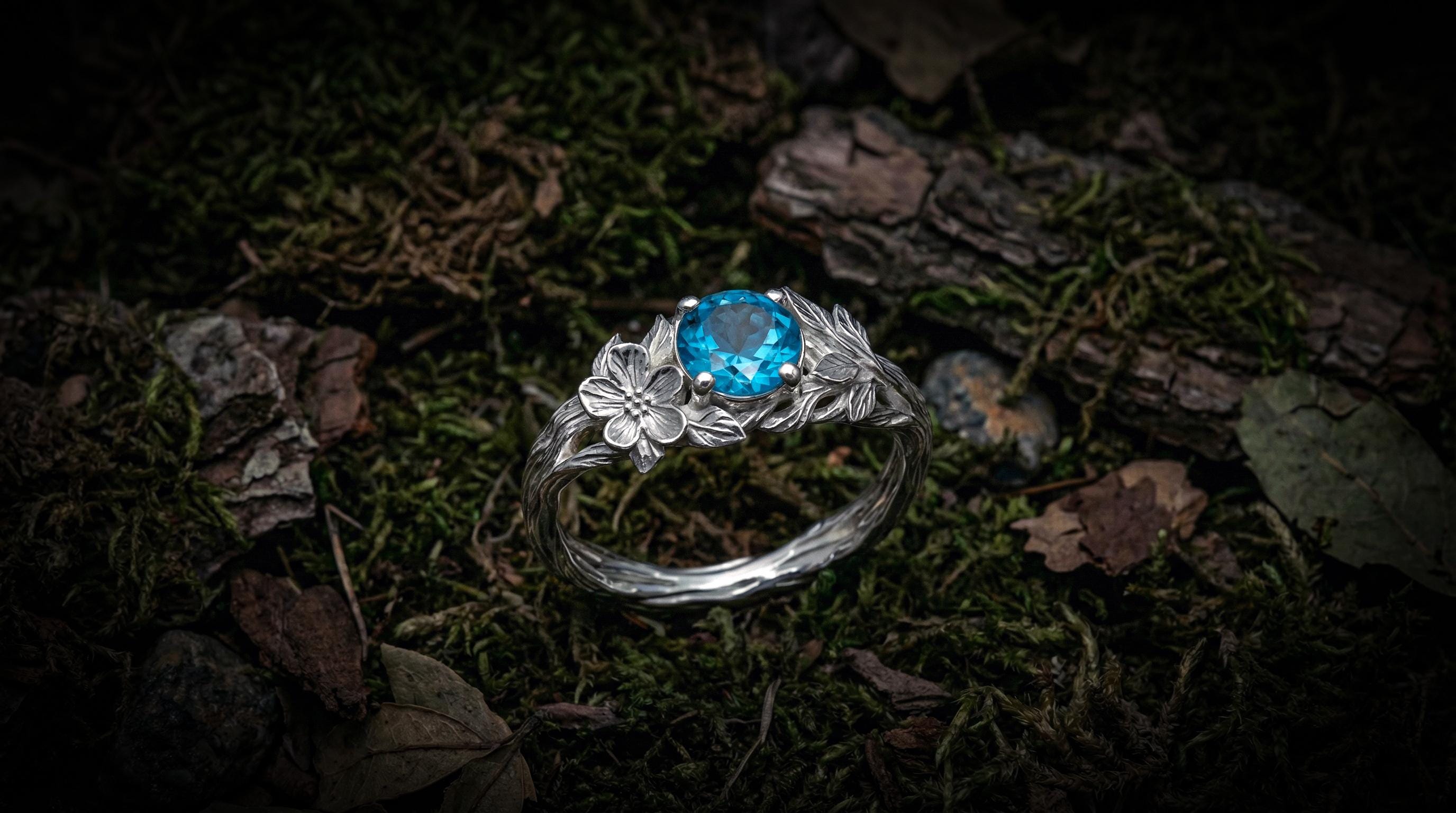 Rainbow Moonstone Engagement Ring 'Flora' | Sterling Silver Twig & Flower Design | Nature Inspired Jewelry