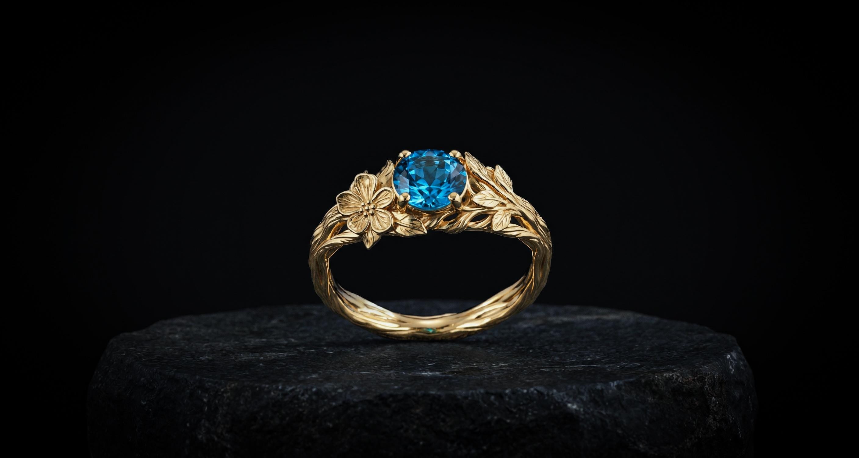 Nature Inspired Gold Engagement Ring | Blue Topaz Flower Ring | Gift for Her | Leaf and Vine Ring | Unique Floral Jewelry