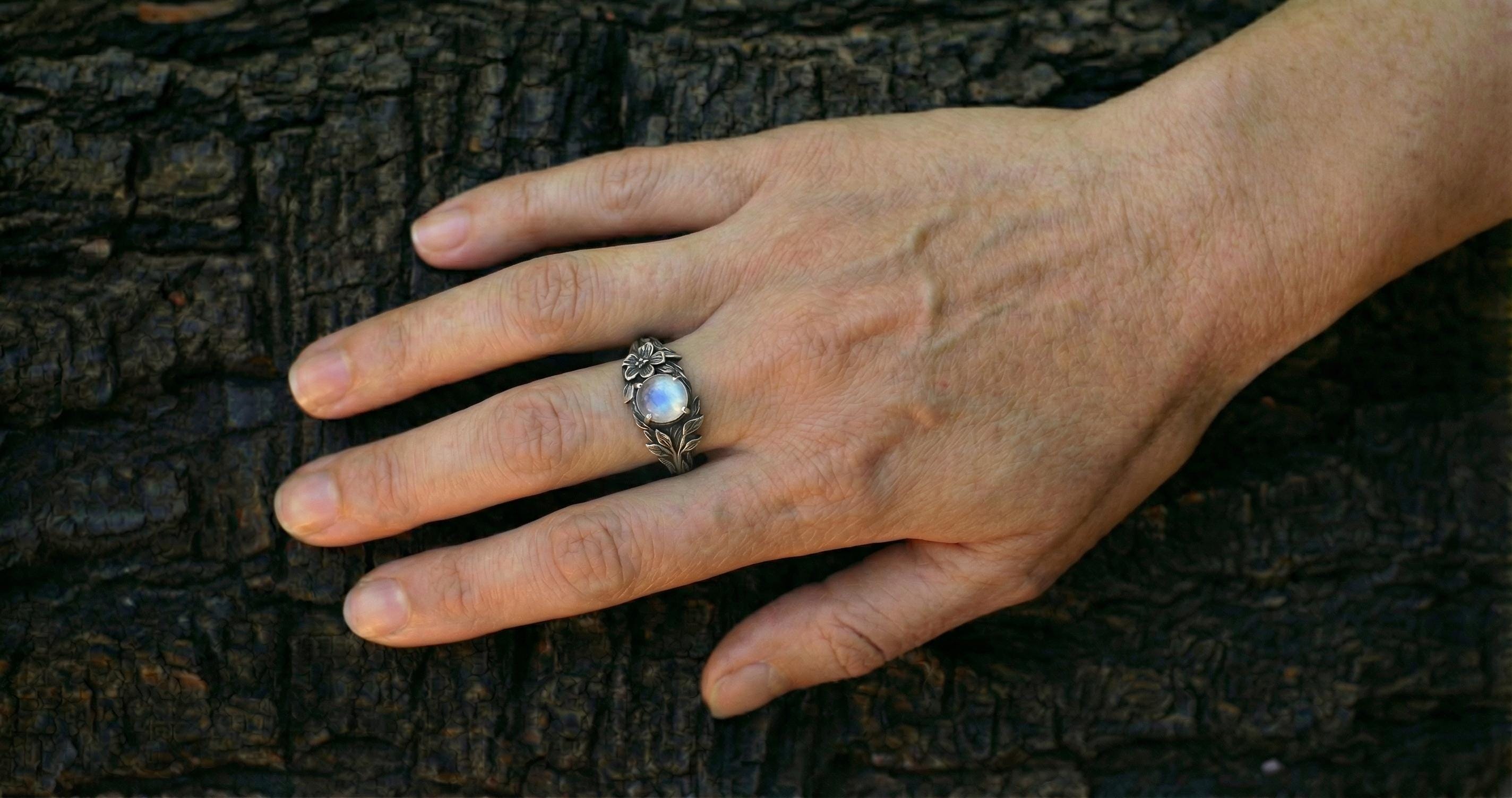 Rainbow Moonstone Engagement Ring 'Flora' | Sterling Silver Twig & Flower Design | Nature Inspired Jewelry