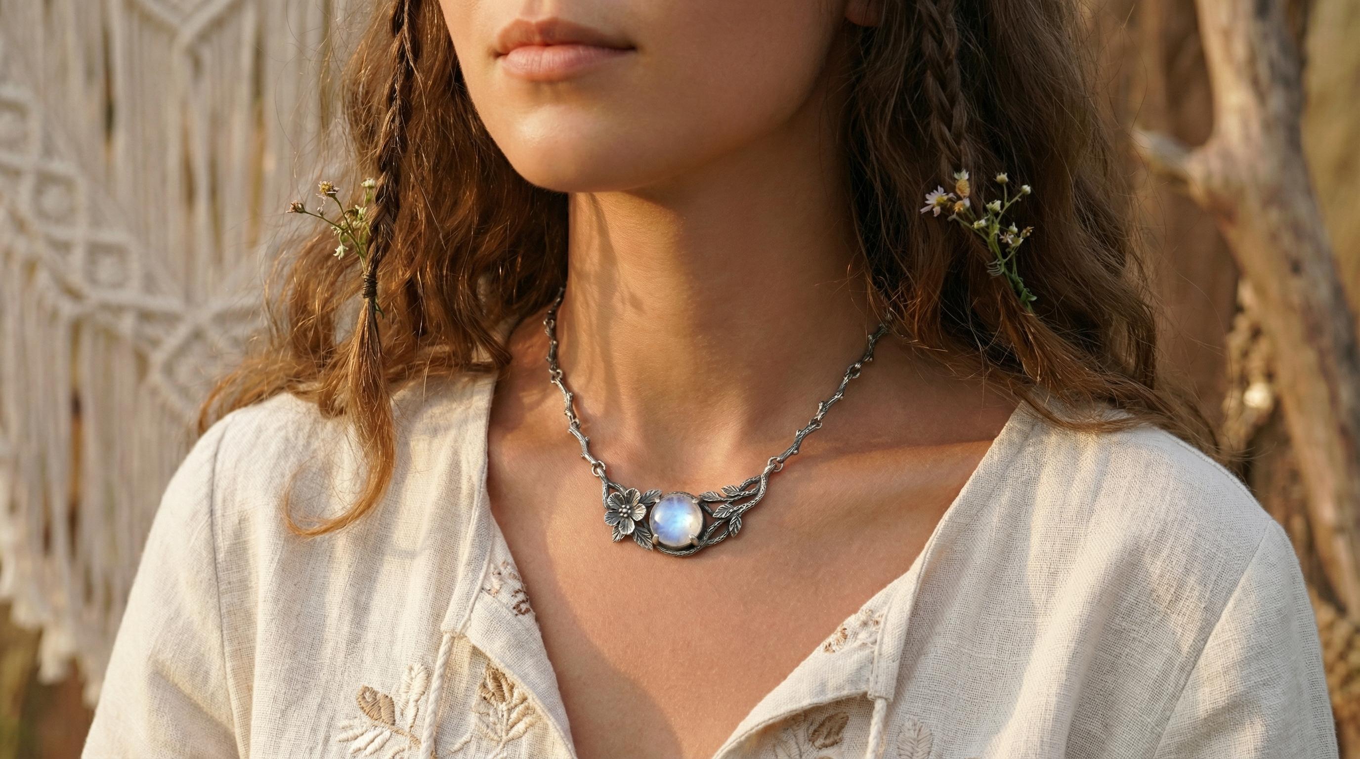 Rainbow moonstone flower necklace shown from alternate angle