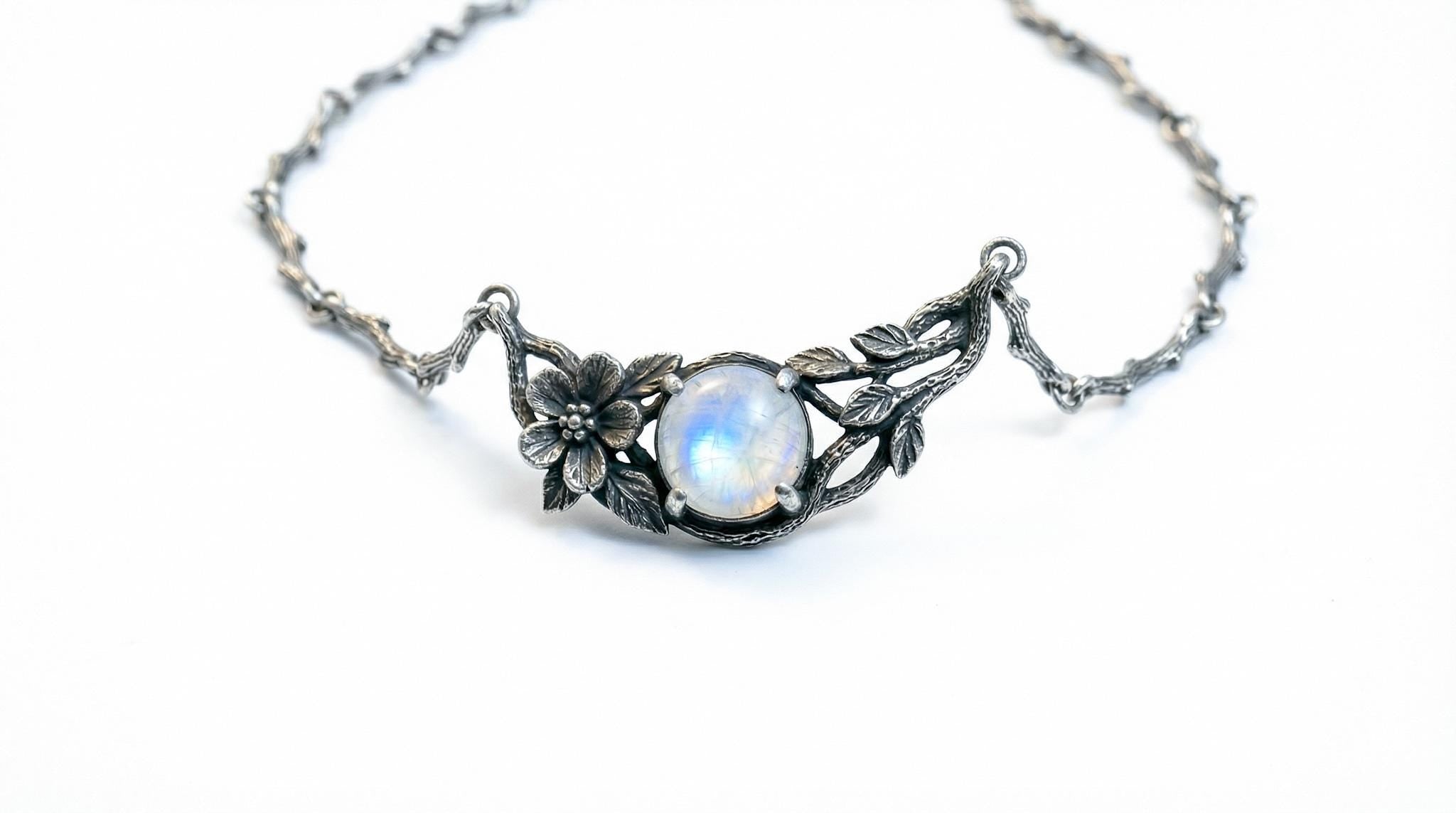 Rainbow Moonstone Sterling Silver Flower Necklace | Nature Inspired Jewelry | Branch Necklace | Moonstone Jewelry | Silver Twig Necklace