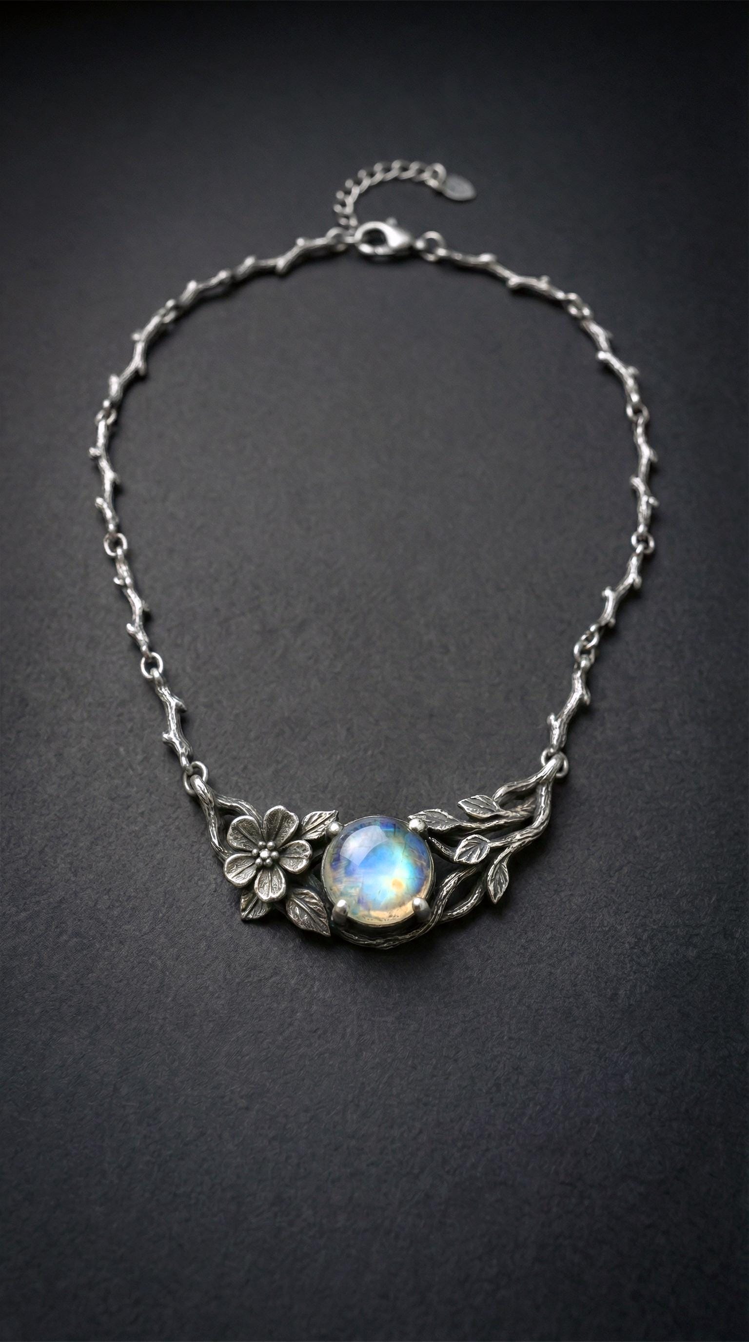 Rainbow Moonstone Sterling Silver Flower Necklace | Nature Inspired Jewelry | Branch Necklace | Moonstone Jewelry | Silver Twig Necklace