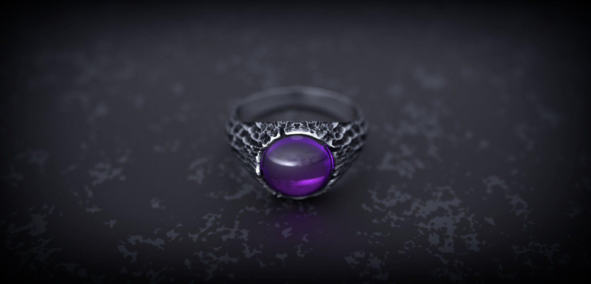 Tree Bark Silver Ring with Amethyst