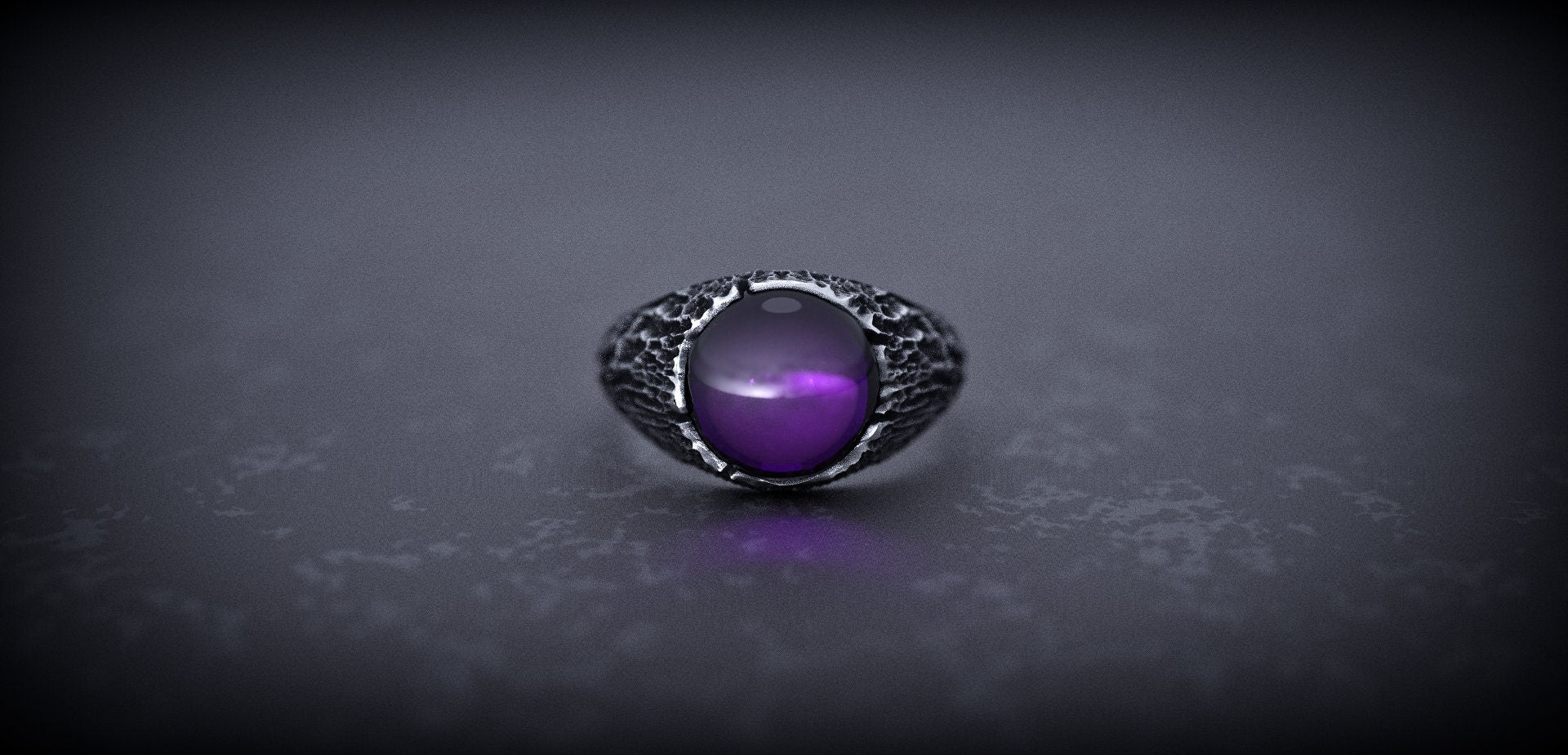 Tree Bark Silver Ring with Amethyst