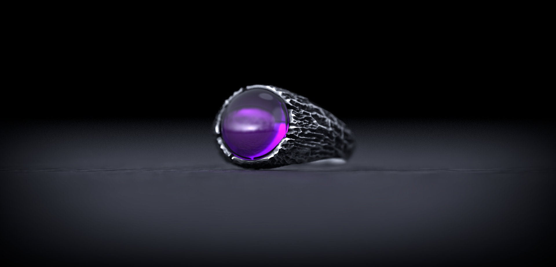 Tree Bark Silver Ring with Amethyst