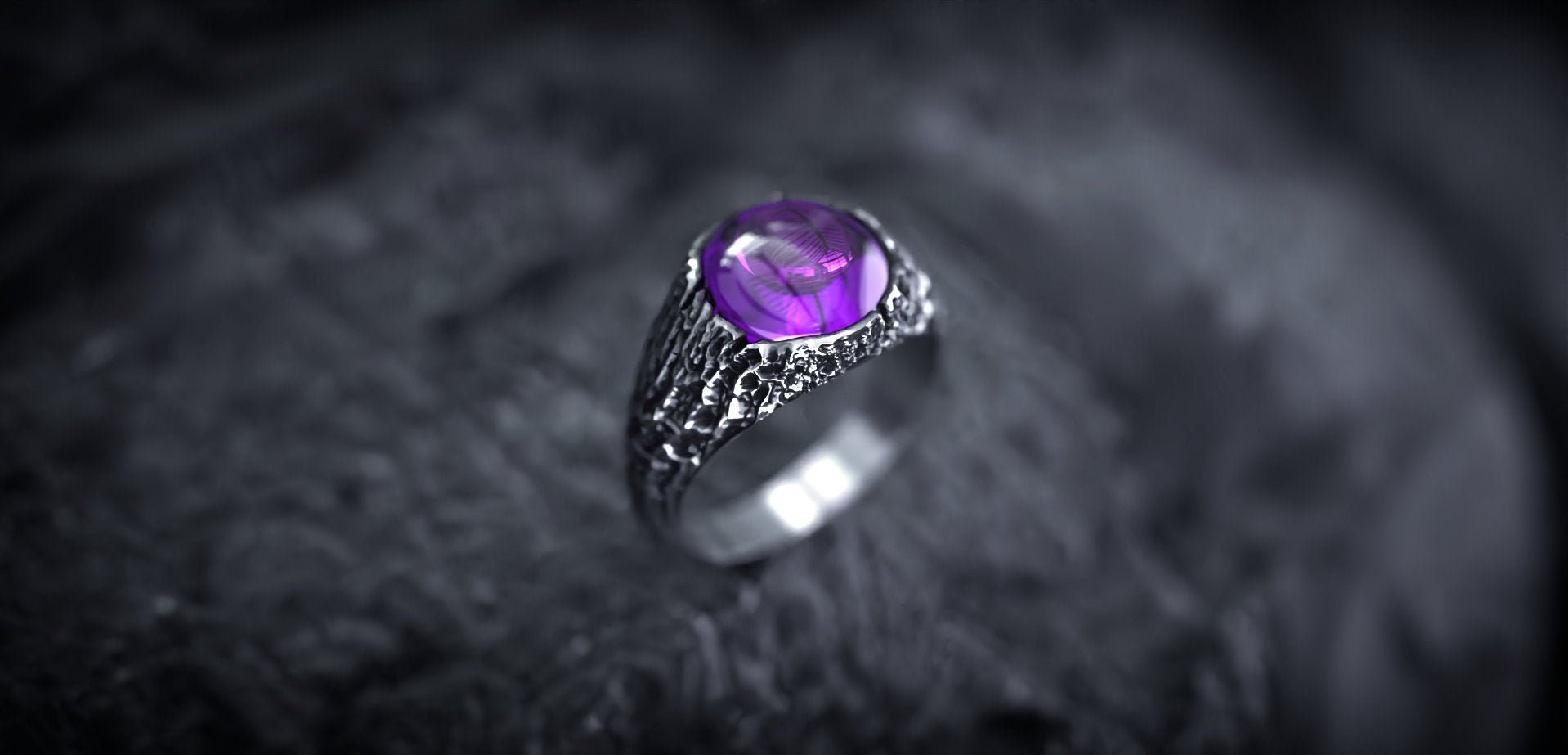 Tree Bark Silver Ring with Amethyst