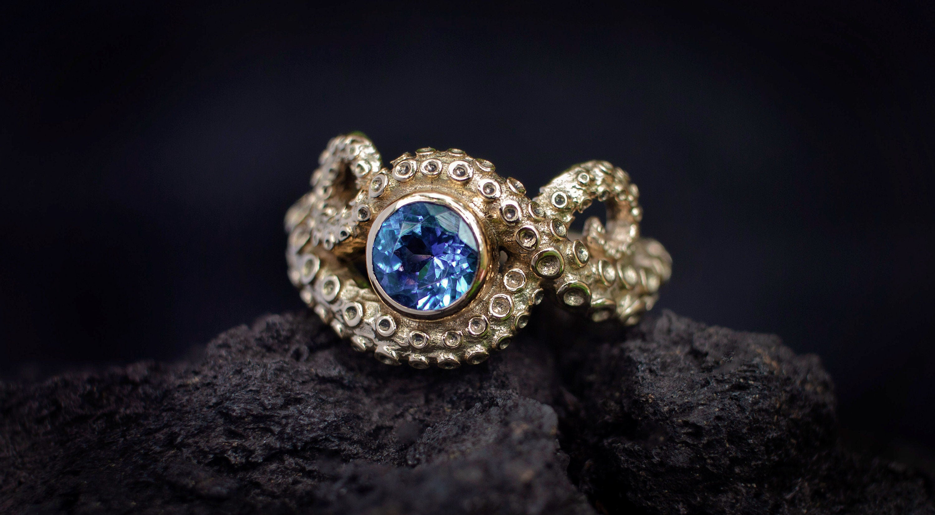Rainbow Moonstone Gold Octopus Ring