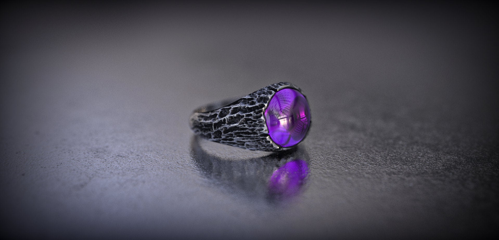 Tree Bark Silver Ring with Amethyst