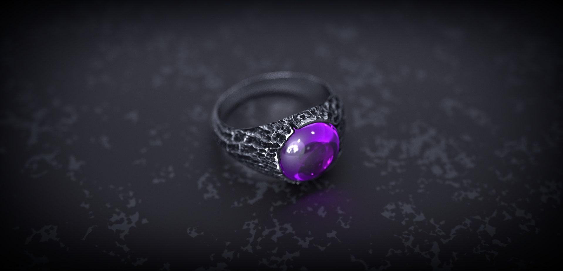 Tree Bark Silver Ring with Amethyst