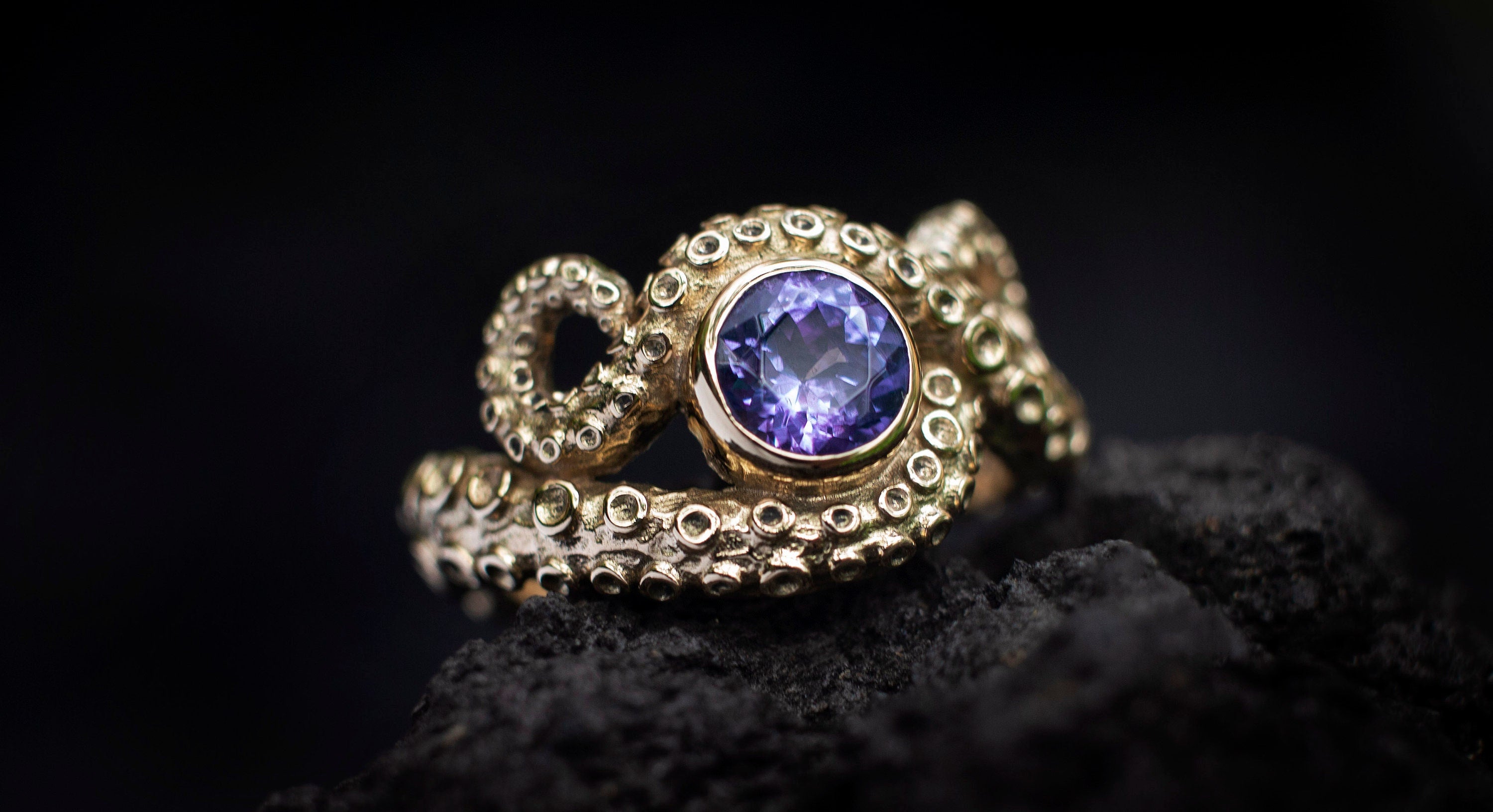 Rainbow Moonstone Gold Octopus Ring
