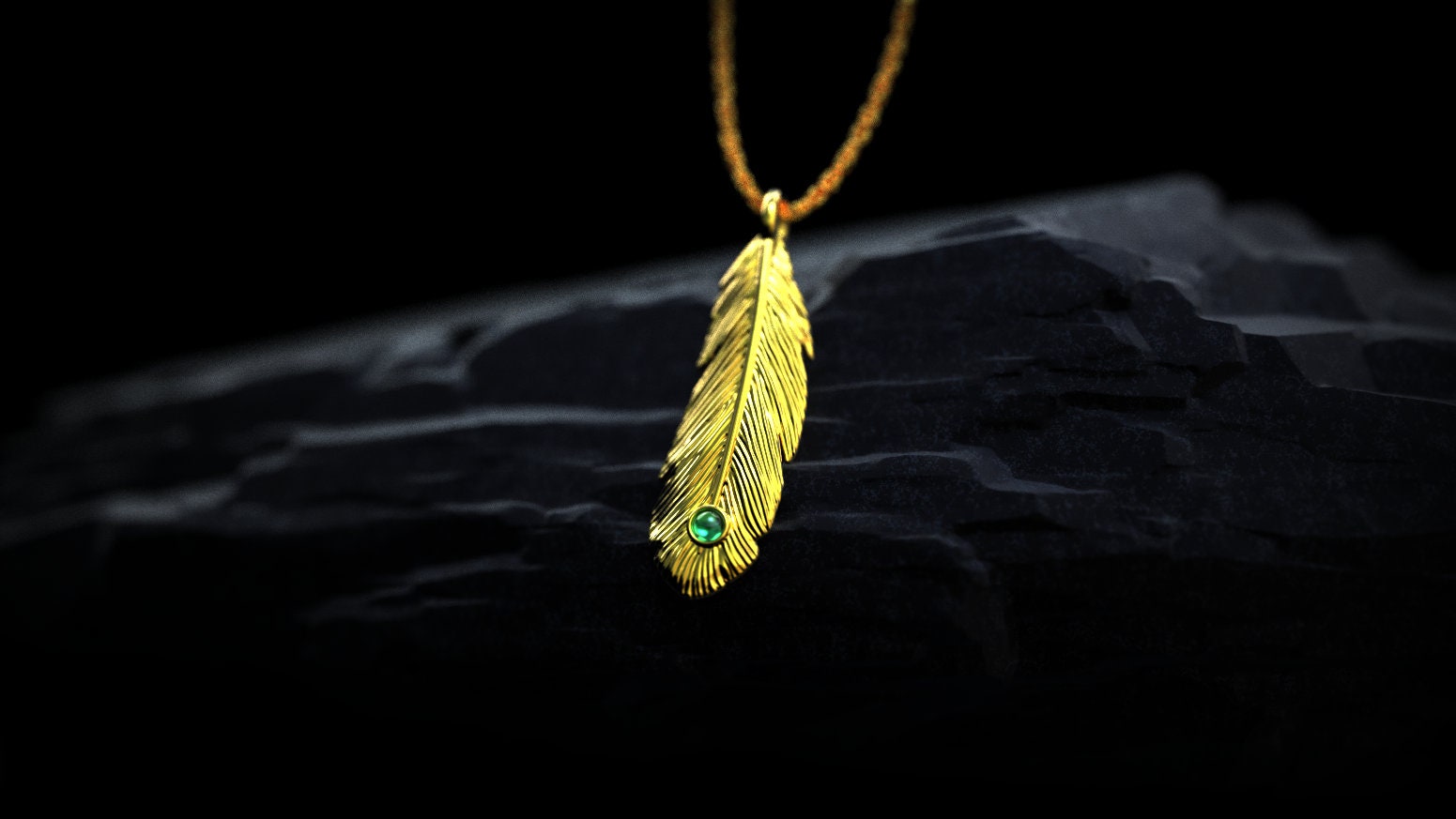 Gold Feather Necklace with Gemstone