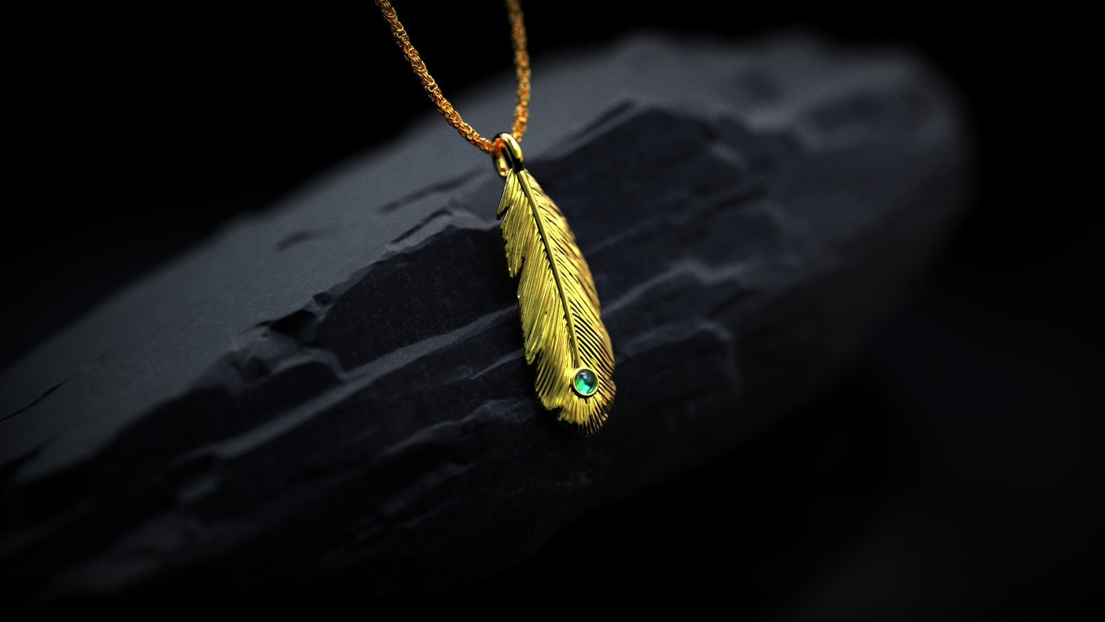 Gold Feather Necklace with Gemstone