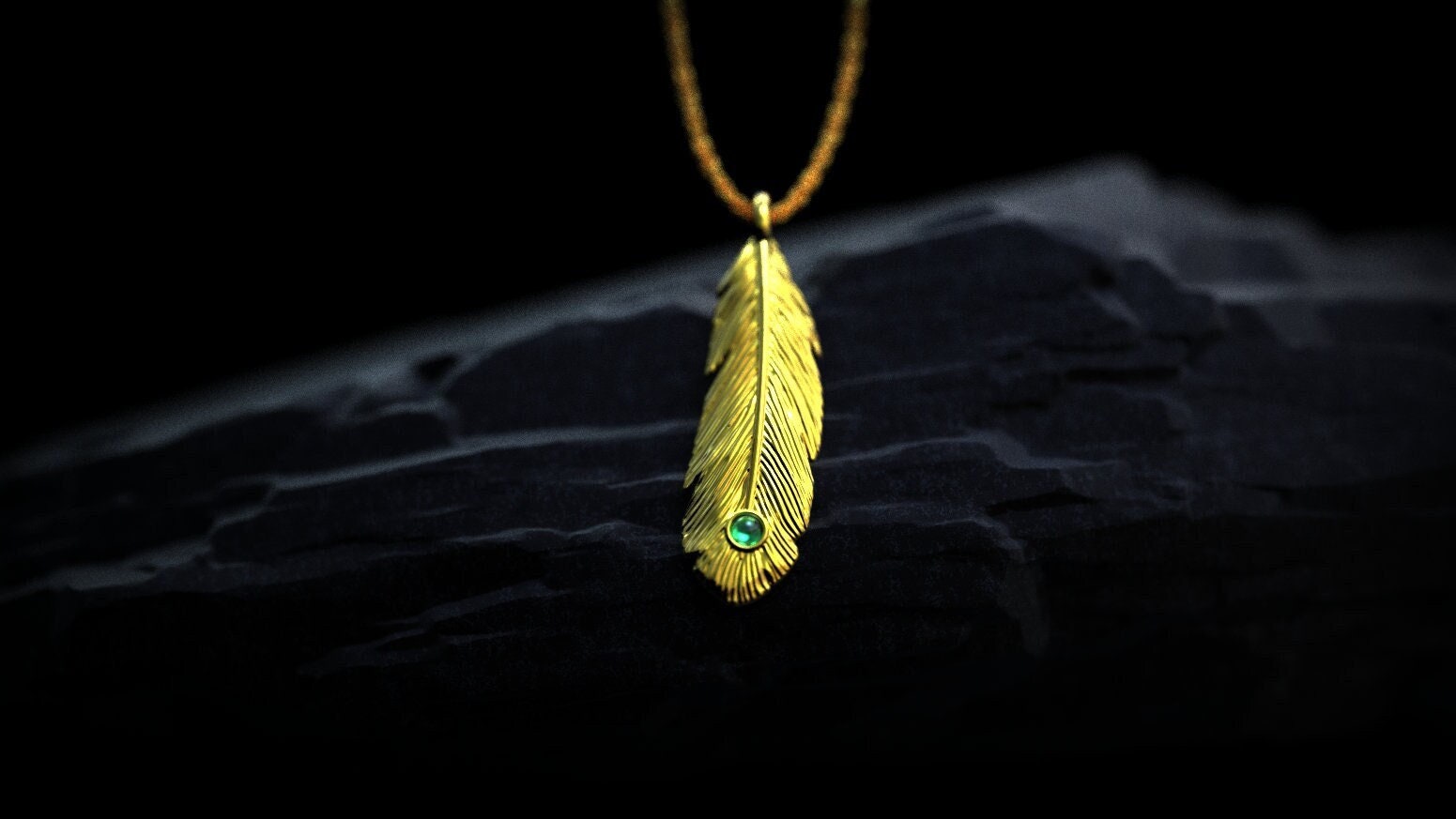 Gold Feather Necklace with Gemstone