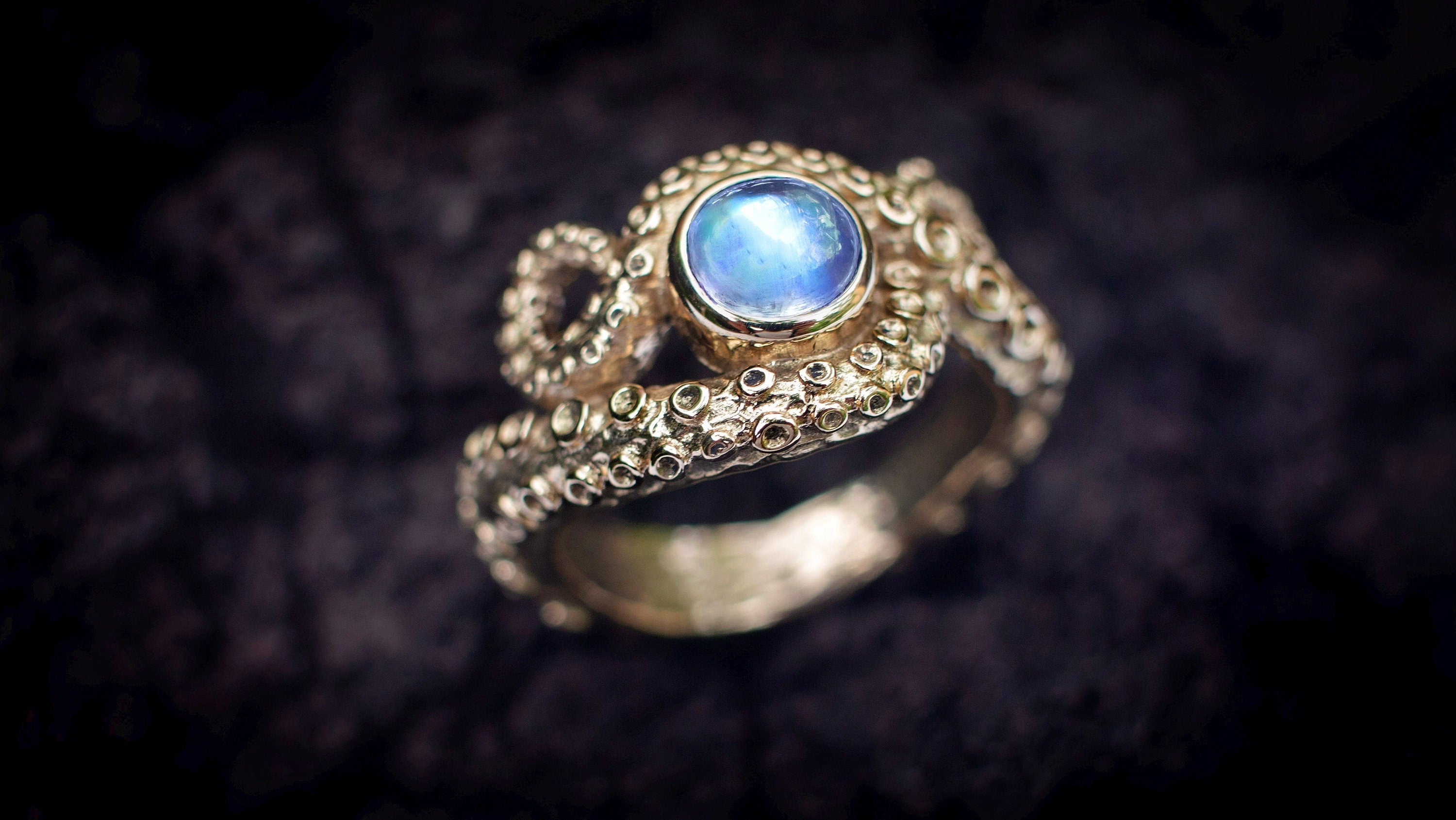 Rainbow Moonstone Gold Octopus Ring