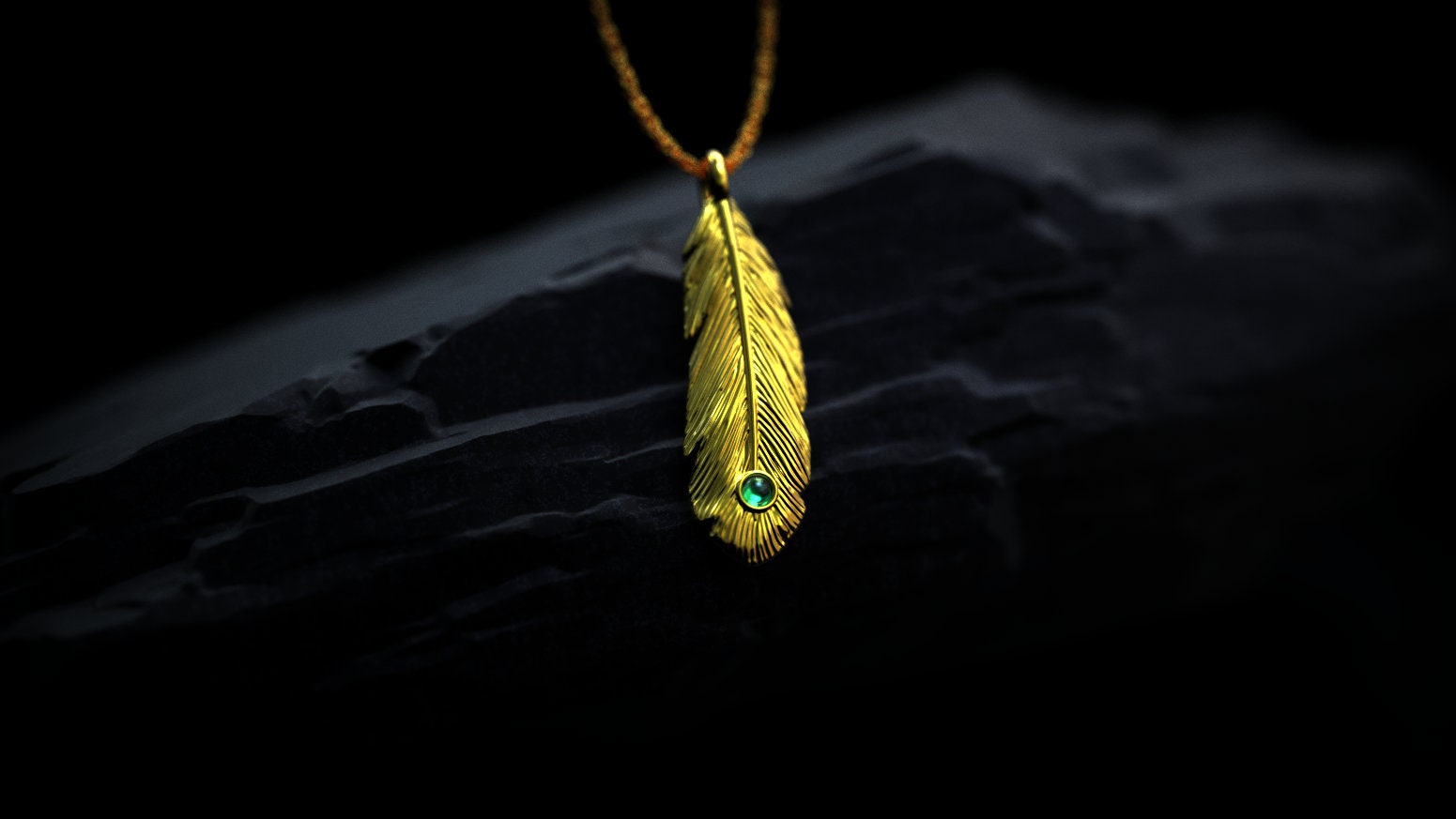 Gold Feather Necklace with Gemstone