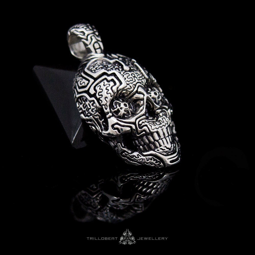 Silver Skull Pendant with Shipibo-Inspired Engravings | Gothic & Alternative Jewelry | Unique Statement Necklace | Men's Skull Necklace