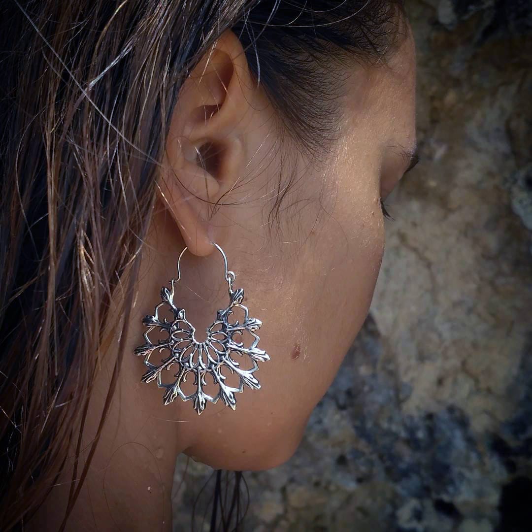 Bohemian Hoop Earrings | Lotus Mandala Earrings | Large Hoop Earrings | Silver Hoops | Tribal Earrings | Gothic Jewelry