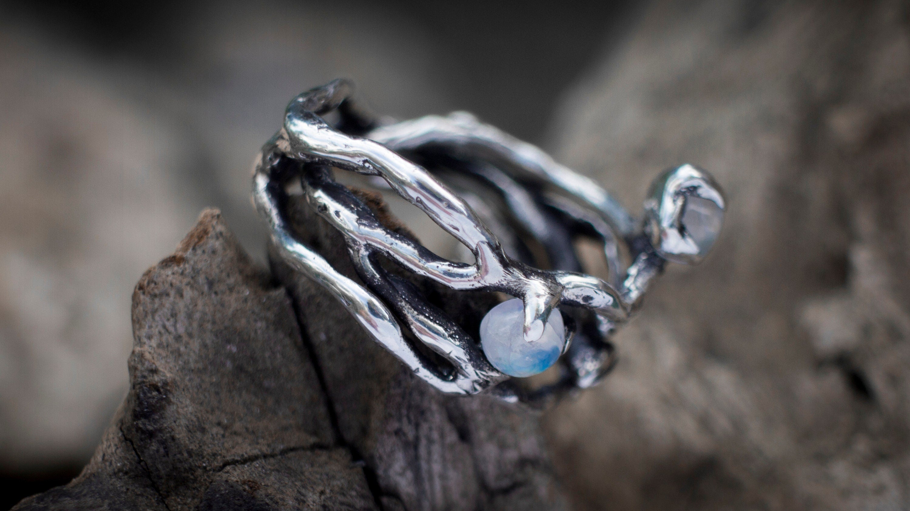 Moonstone Twig Ring | Whimsical Elven Engagement Band | Mystical Fairy Branch Jewelry | Sterling Silver Nature Inspired
