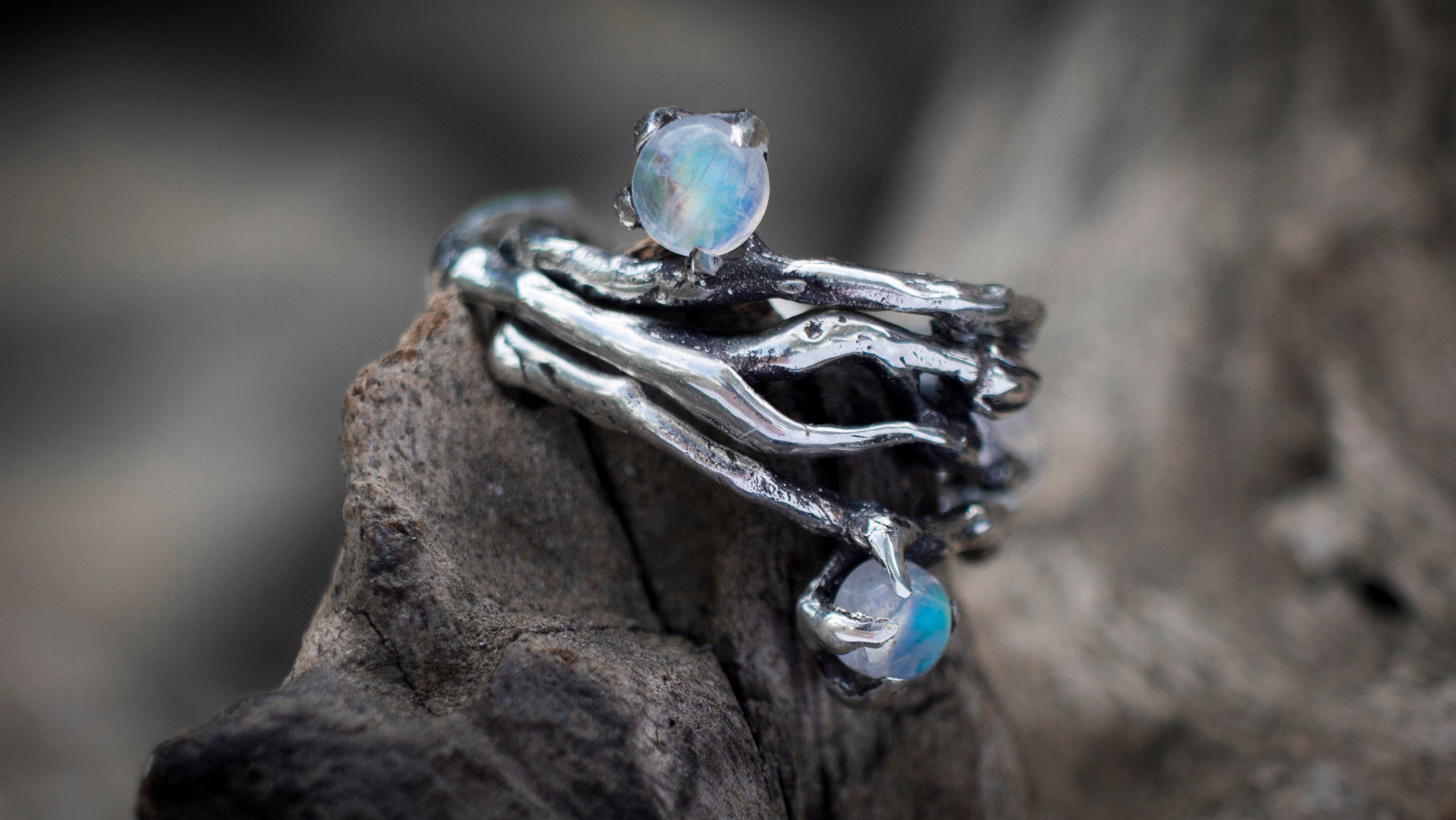 Moonstone Twig Ring | Whimsical Elven Engagement Band | Mystical Fairy Branch Jewelry | Sterling Silver Nature Inspired