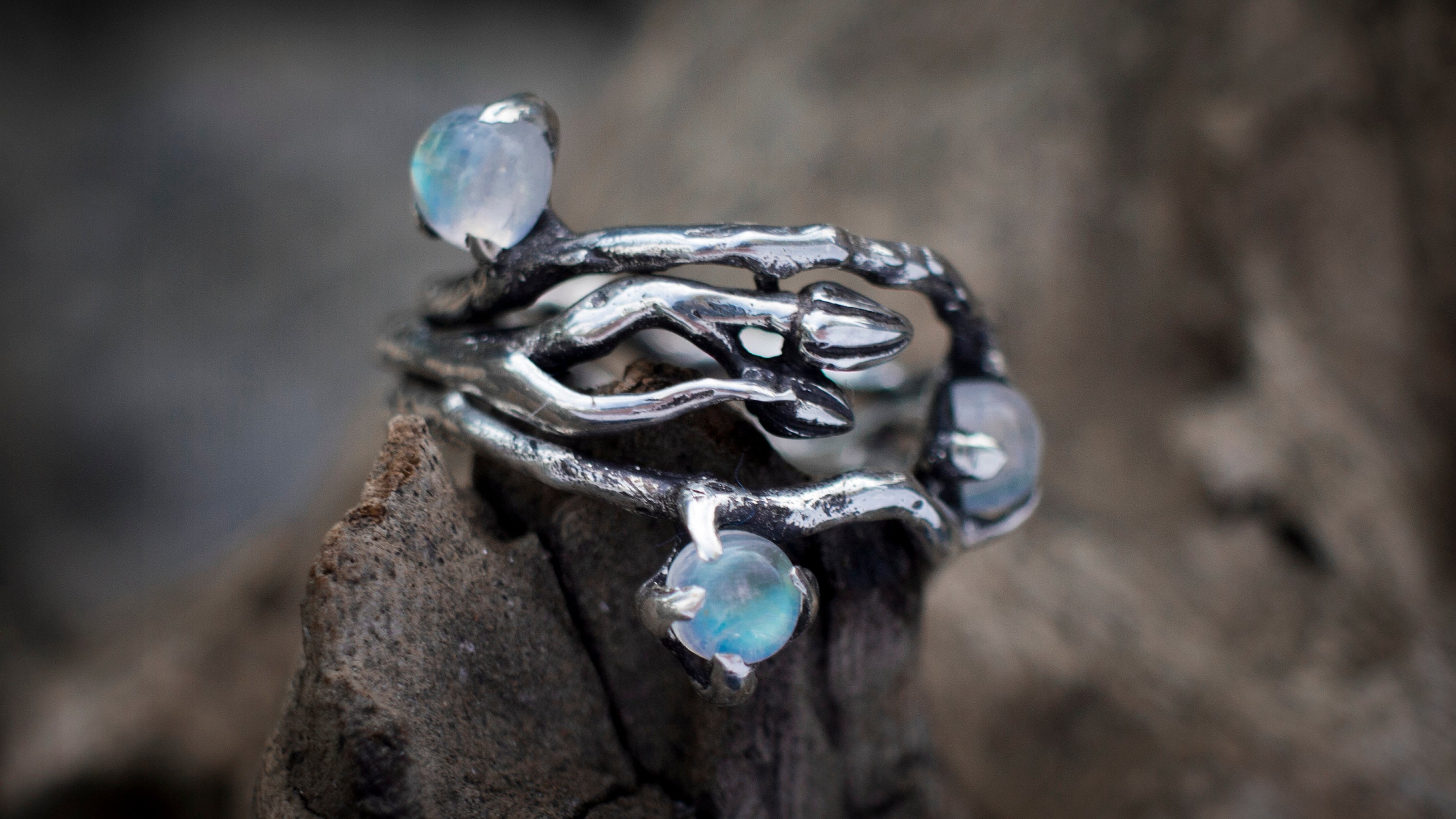 Moonstone Twig Ring | Whimsical Elven Engagement Band | Mystical Fairy Branch Jewelry | Sterling Silver Nature Inspired
