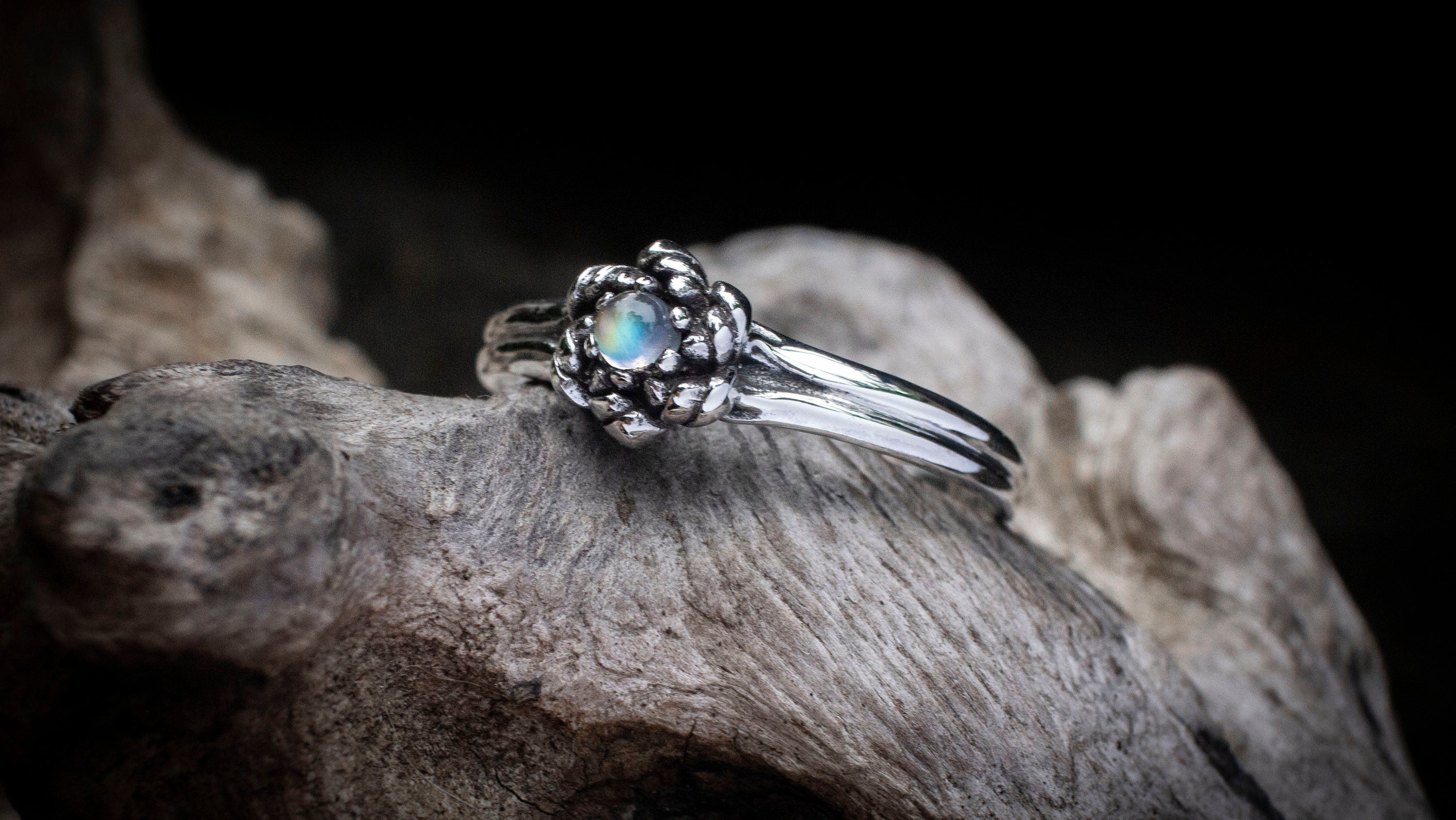 Rainbow Moonstone Ring | Moon Stone Ring | Silver Flower Ring | Moonstone Engagement Ring | Flower Engagement Ring