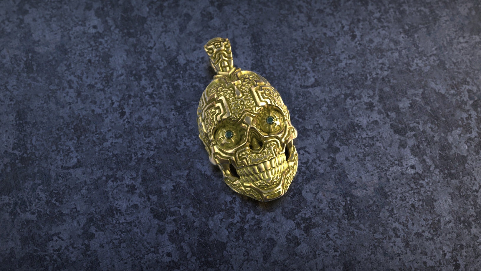 Side view of handmade gold skull pendant