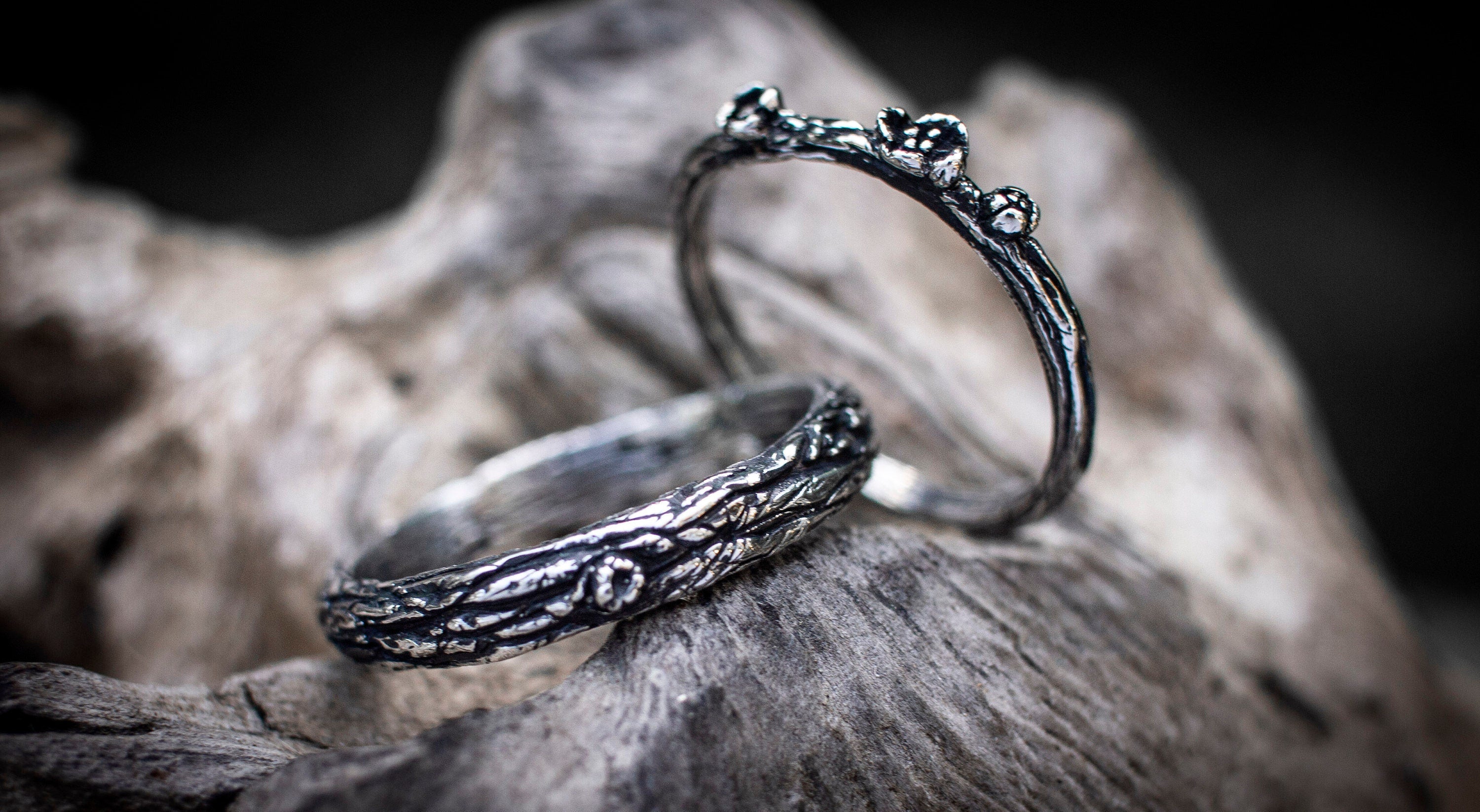 Sterling Silver Tree Bark Ring | Floral Engagement Ring | Tiny Silver Flower Ring | Rustic Tree Bark Ring | Unique Wedding Band