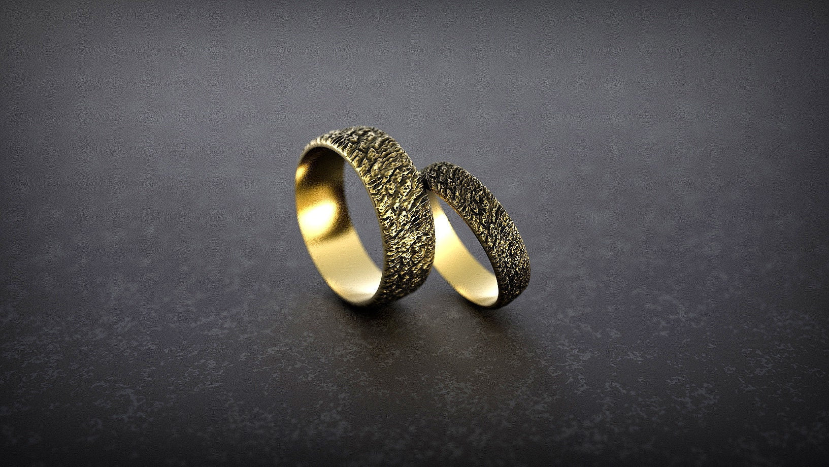 Rustic Wedding Band Set | Yellow gold wedding bands | Rustic gold ring | Tree wedding ring | Textured ring | Unique wedding band