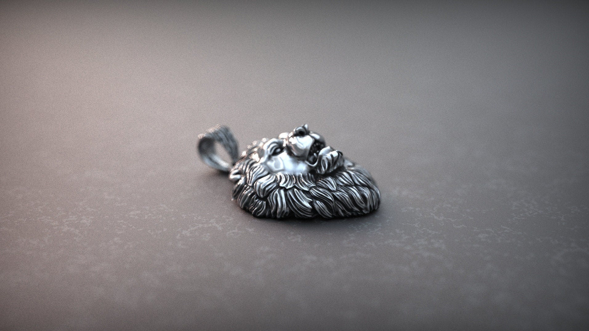 Handmade silver lion jewelry shown from angled profile
