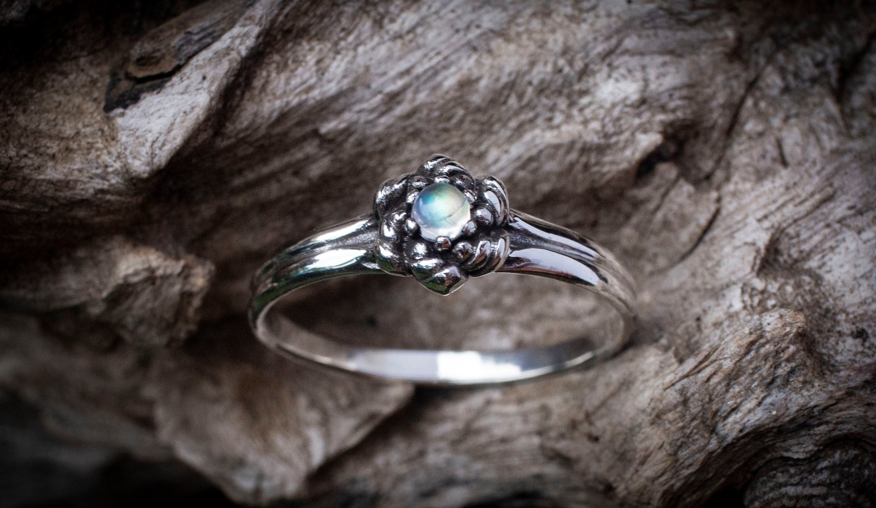 Rainbow Moonstone Ring | Moon Stone Ring | Silver Flower Ring | Moonstone Engagement Ring | Flower Engagement Ring